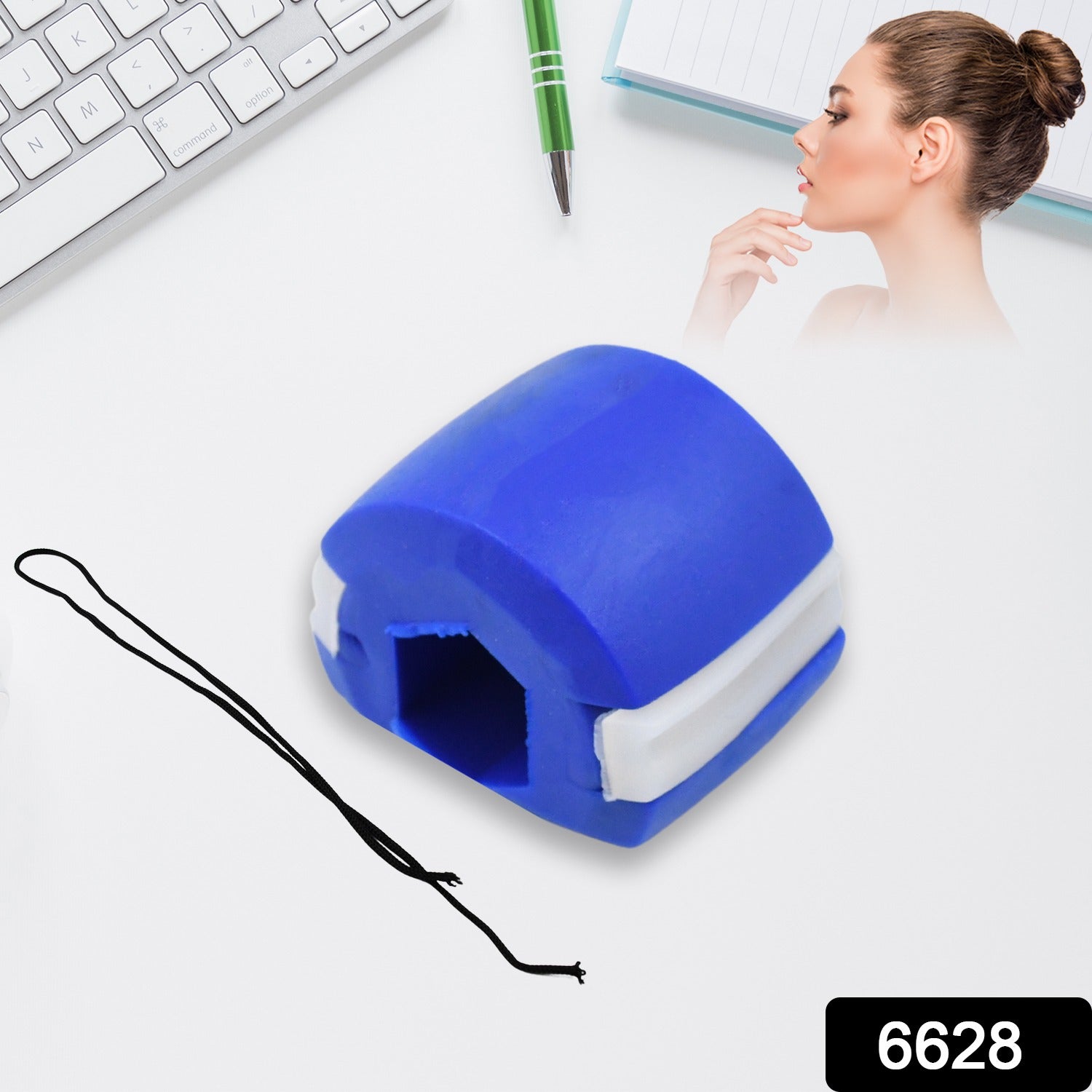 Close-up view of the dark blue Jawline Exerciser highlighting its texture.