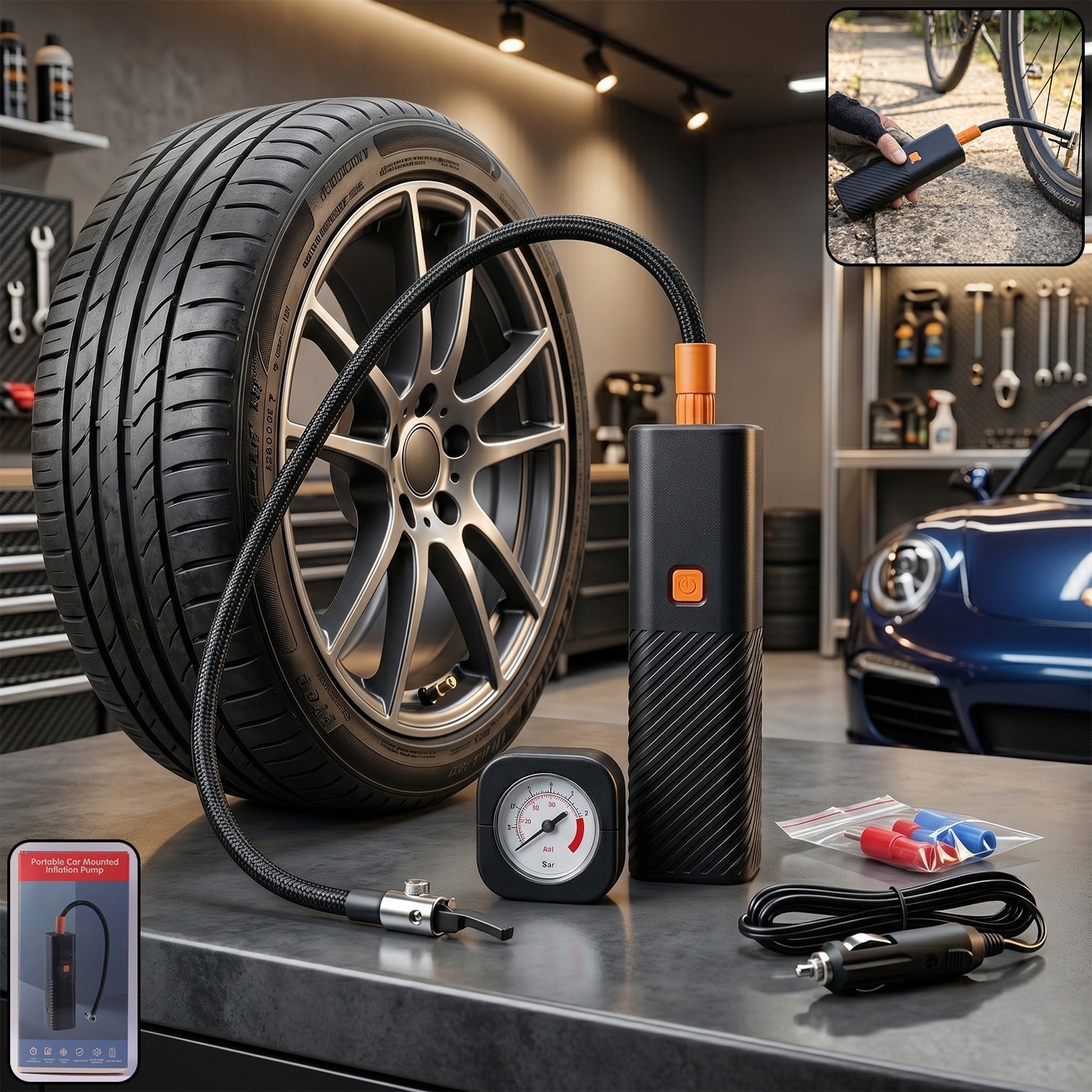 Compact portable car tyre inflator with easy-to-carry design