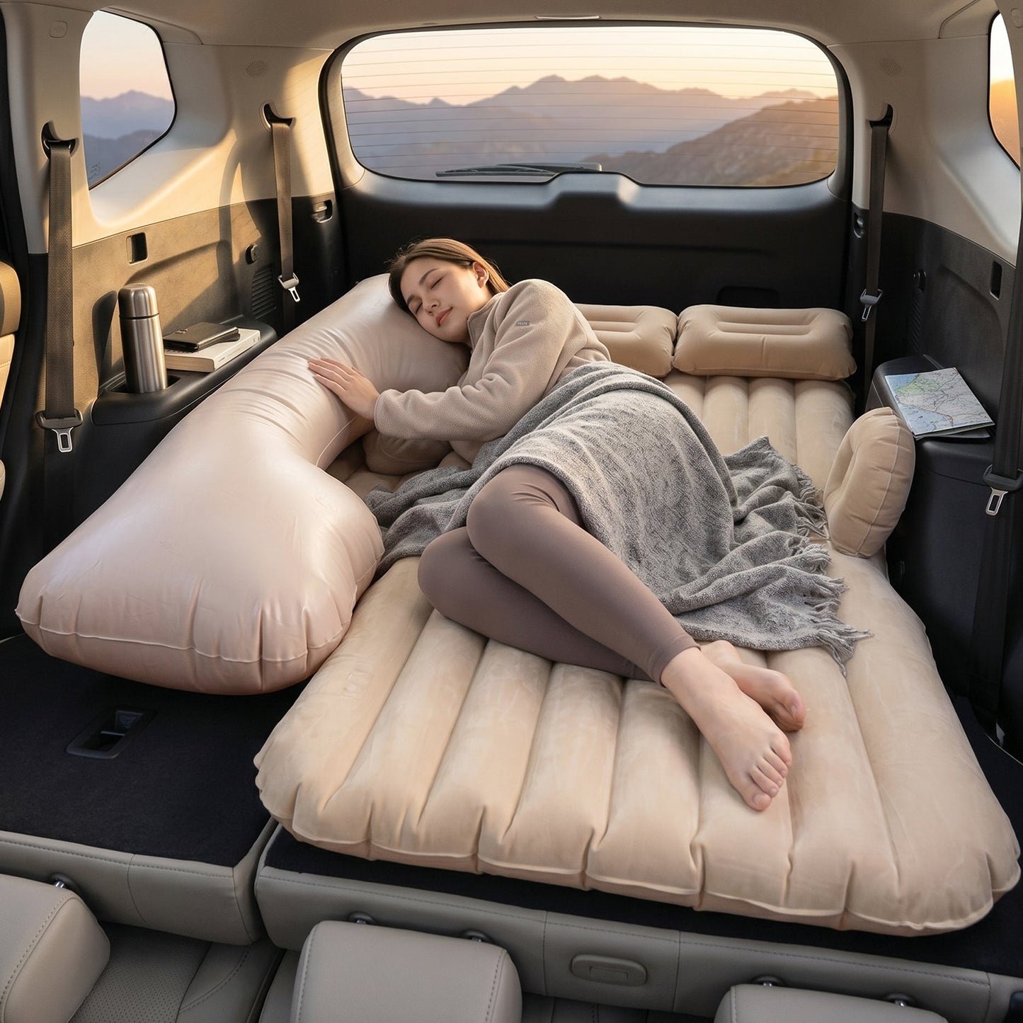 Couple relaxing on inflatable car air mattress in SUV