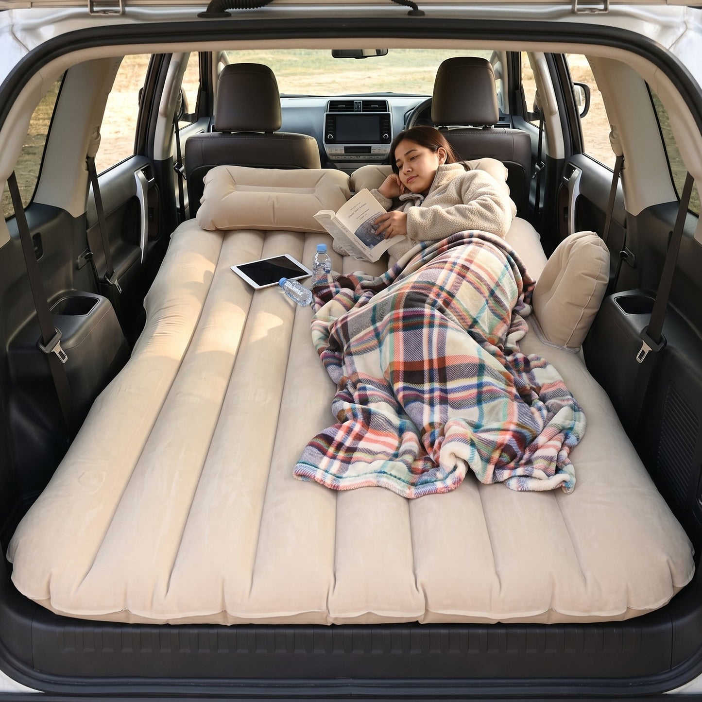 Woman sleeping comfortably on inflatable car mattress
