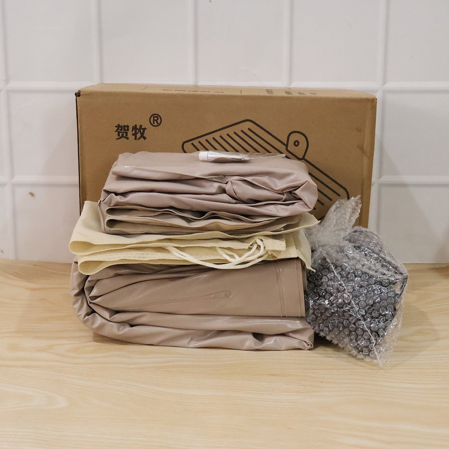 Folded car air mattress with packaging for storage