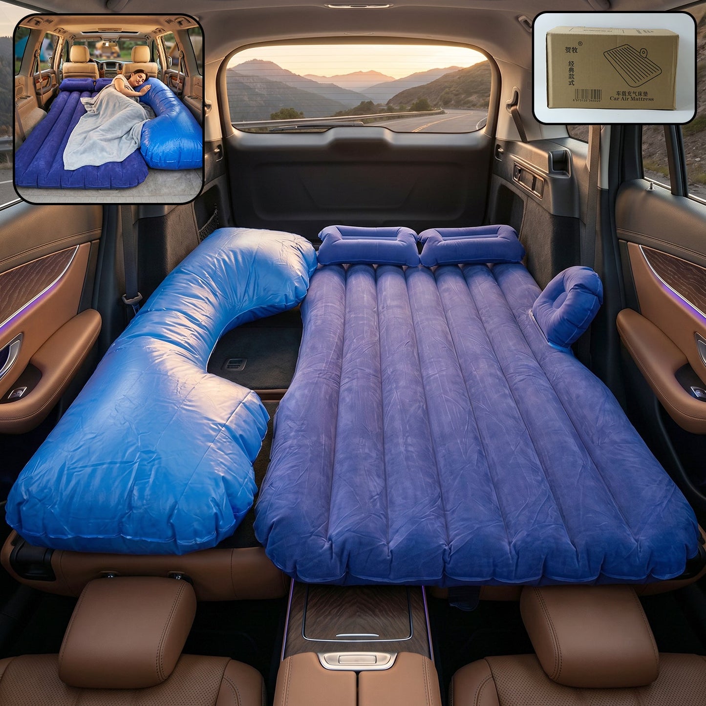 Inflated car air mattress with U-shape extension inside vehicle for a flat sleeping surface