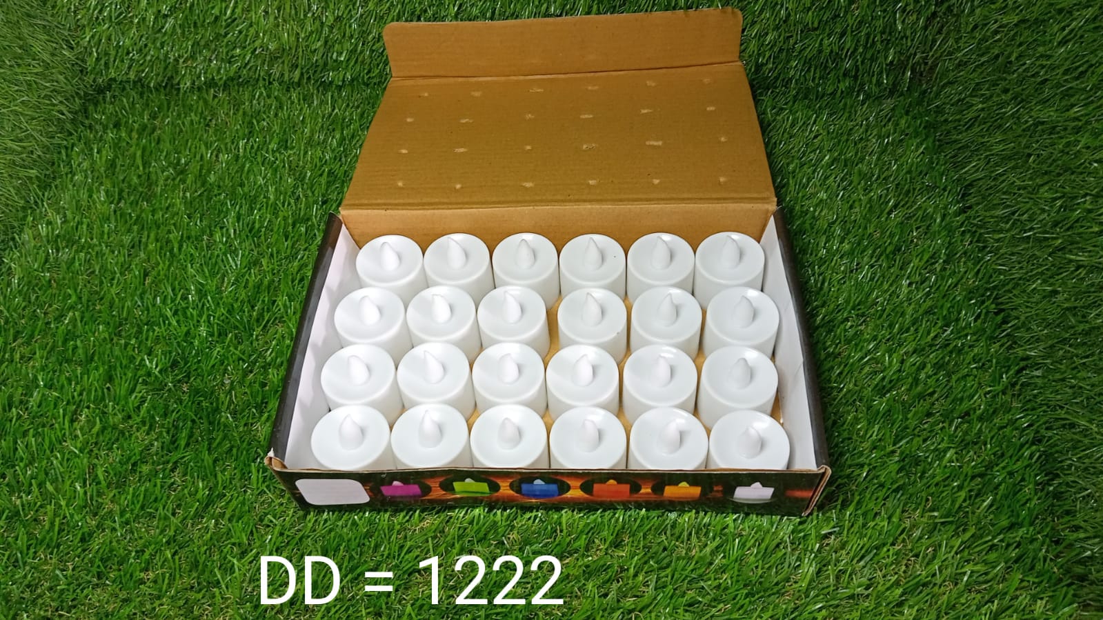 The complete 24-piece set of white LED tealight candles for home decoration.