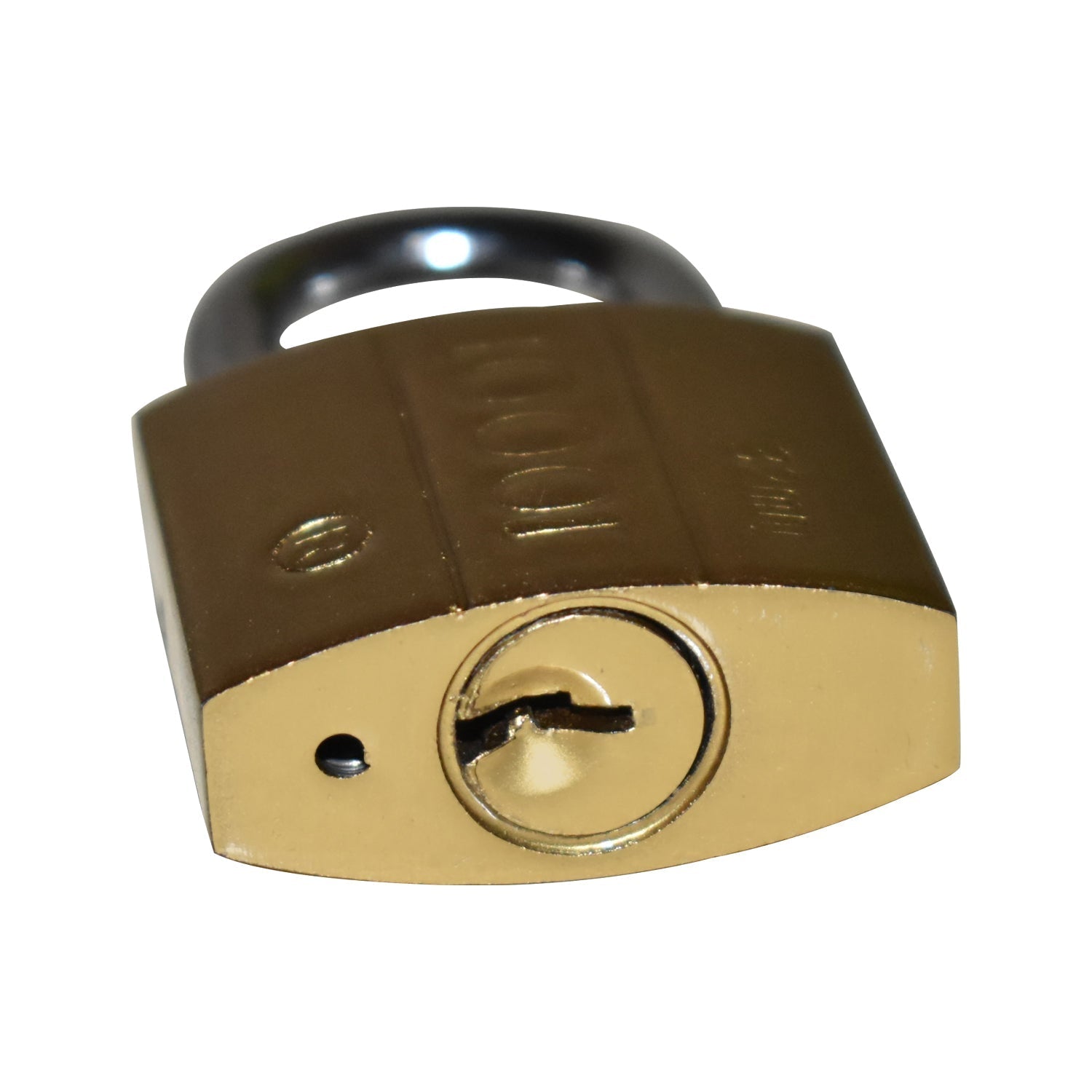 Compact 32mm brass padlock with keys, designed for cabinets and small safes.