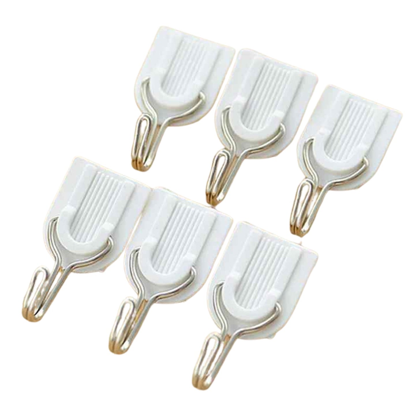 Pack of six white self-adhesive utility hooks for home organisation.