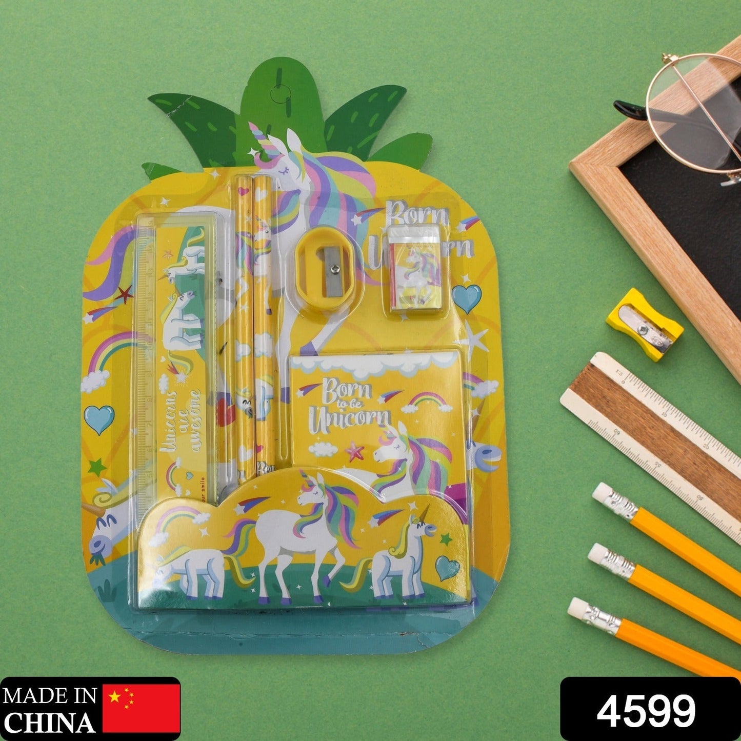 Detailed view of the 6-piece kids stationery kit with pencil, ruler, and eraser.