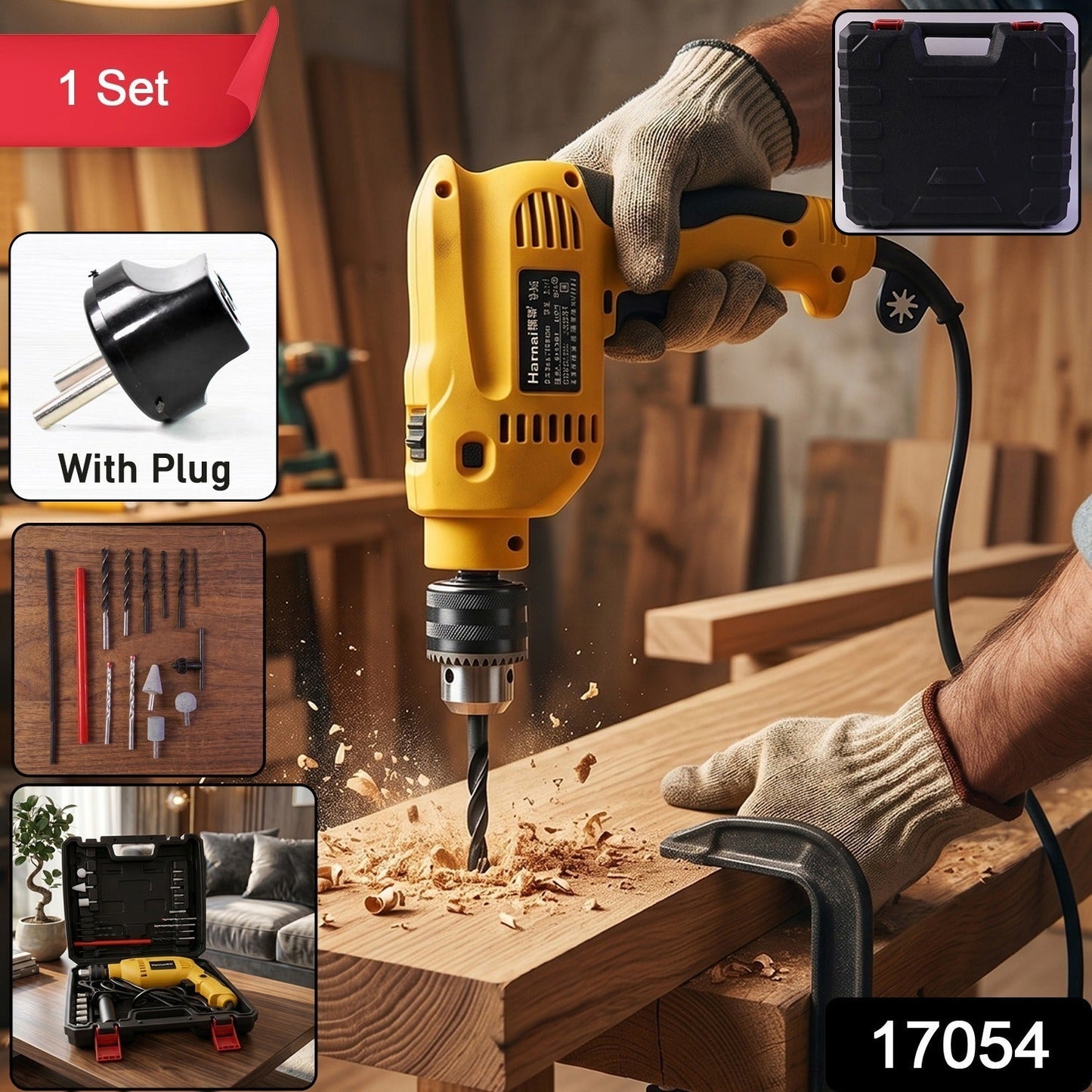 Components of Heavy Duty Electric Drill Machine Tool Kit including drill bits and accessories