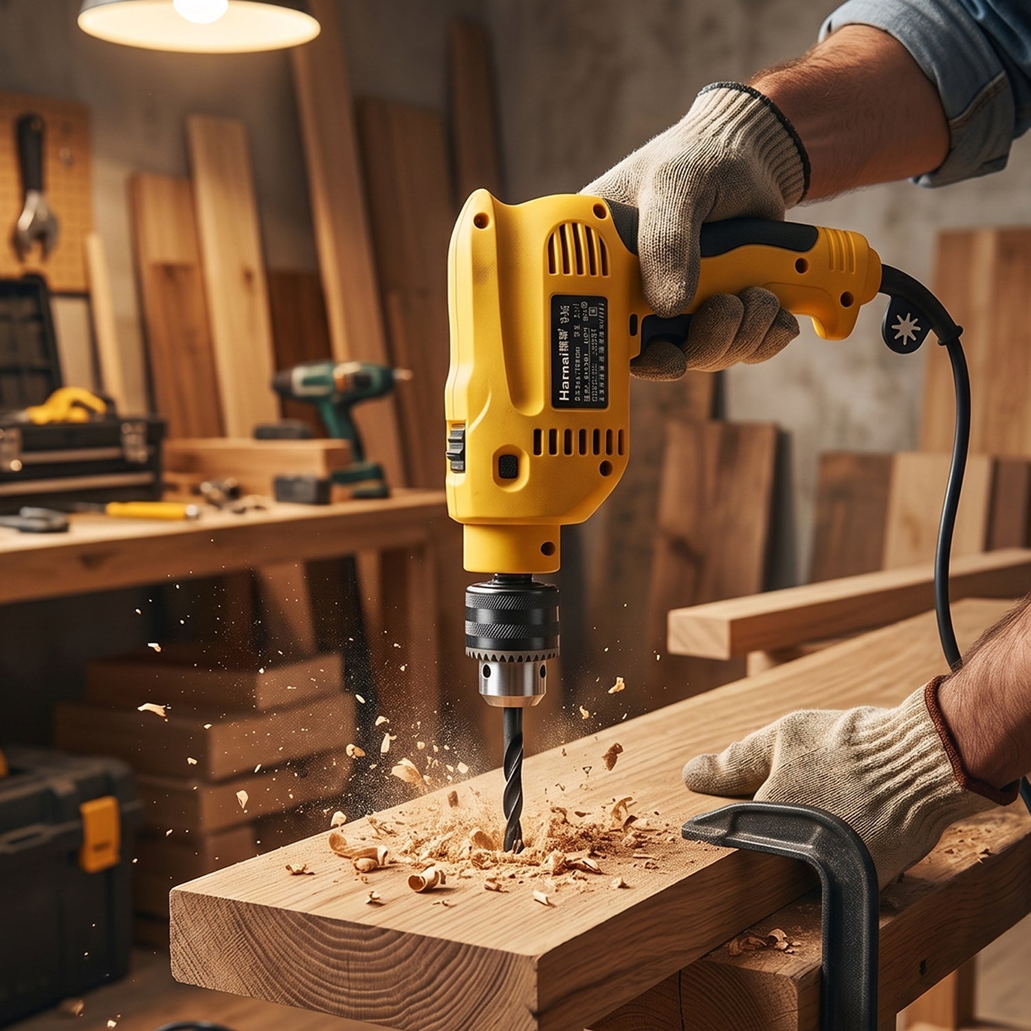 Electric drill in use drilling wood in workshop