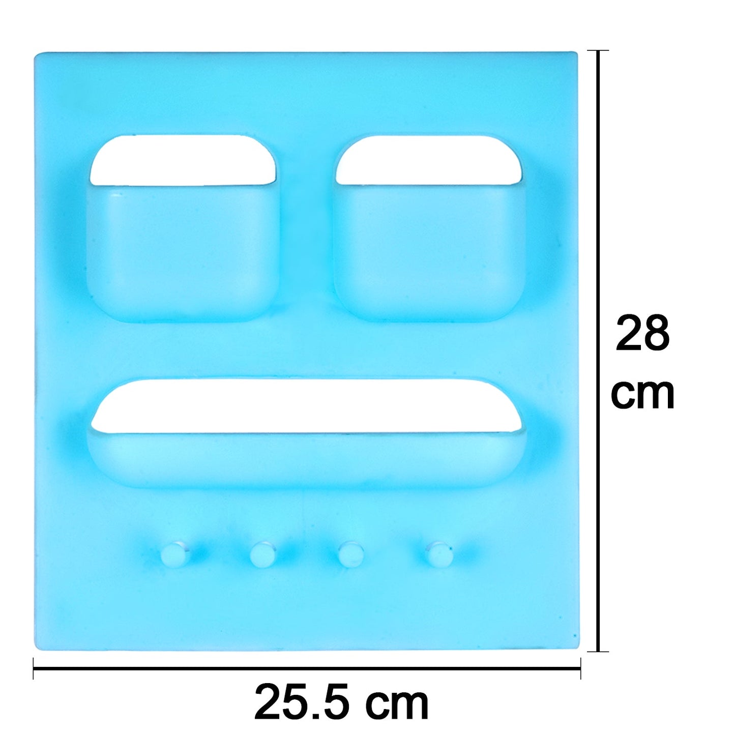 Compact self-adhesive bathroom shelf holding soap, toothbrushes, and other small items.