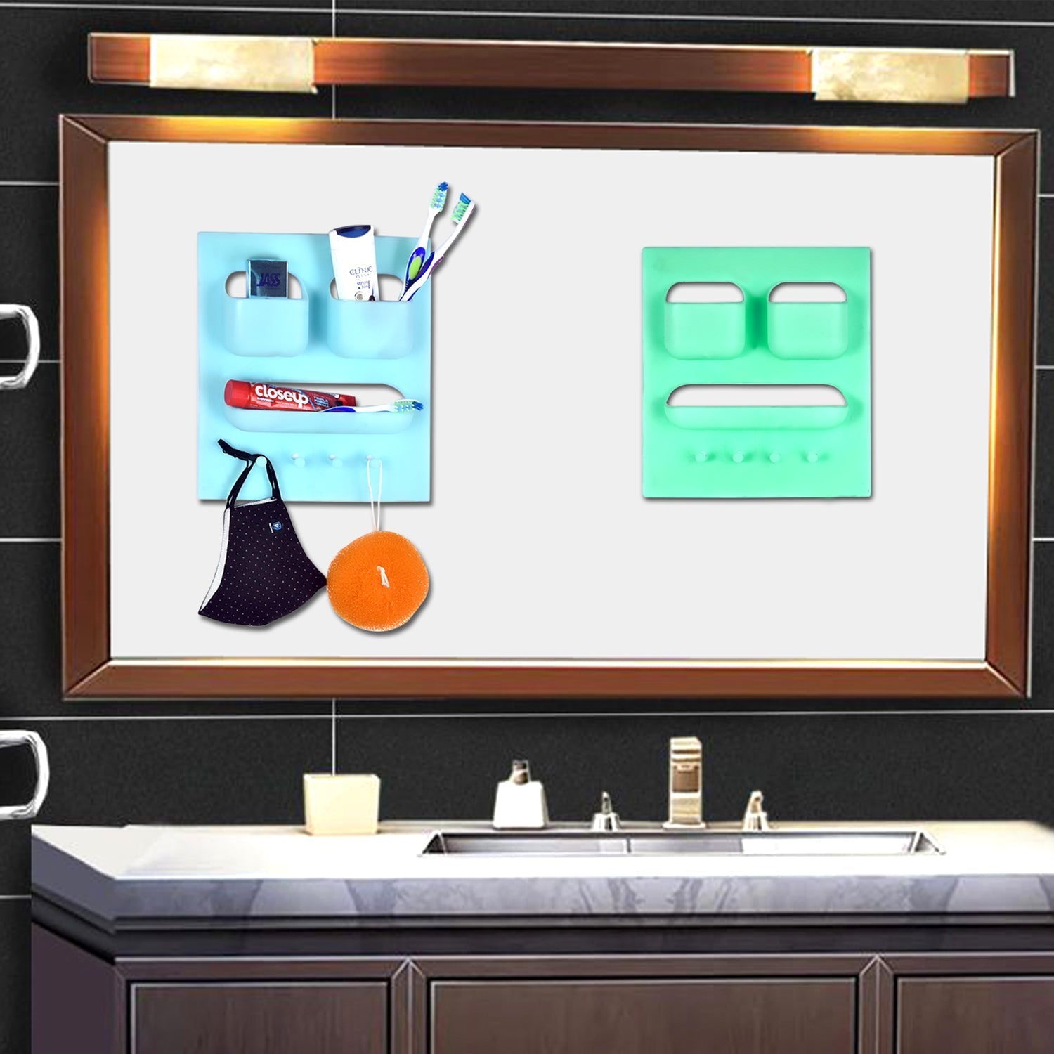 Close-up view of a wall-mounted soap dish with toothbrush slots and razor hook.