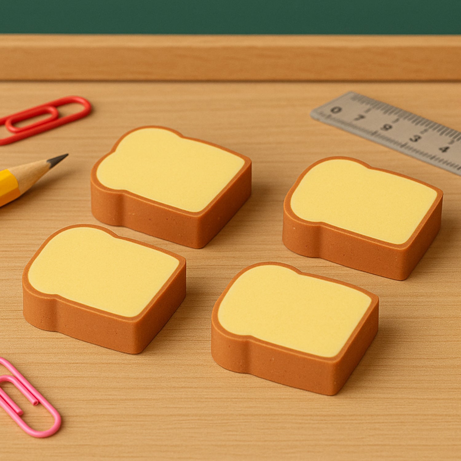 Four 3D toast bread erasers arranged creatively on a white background.