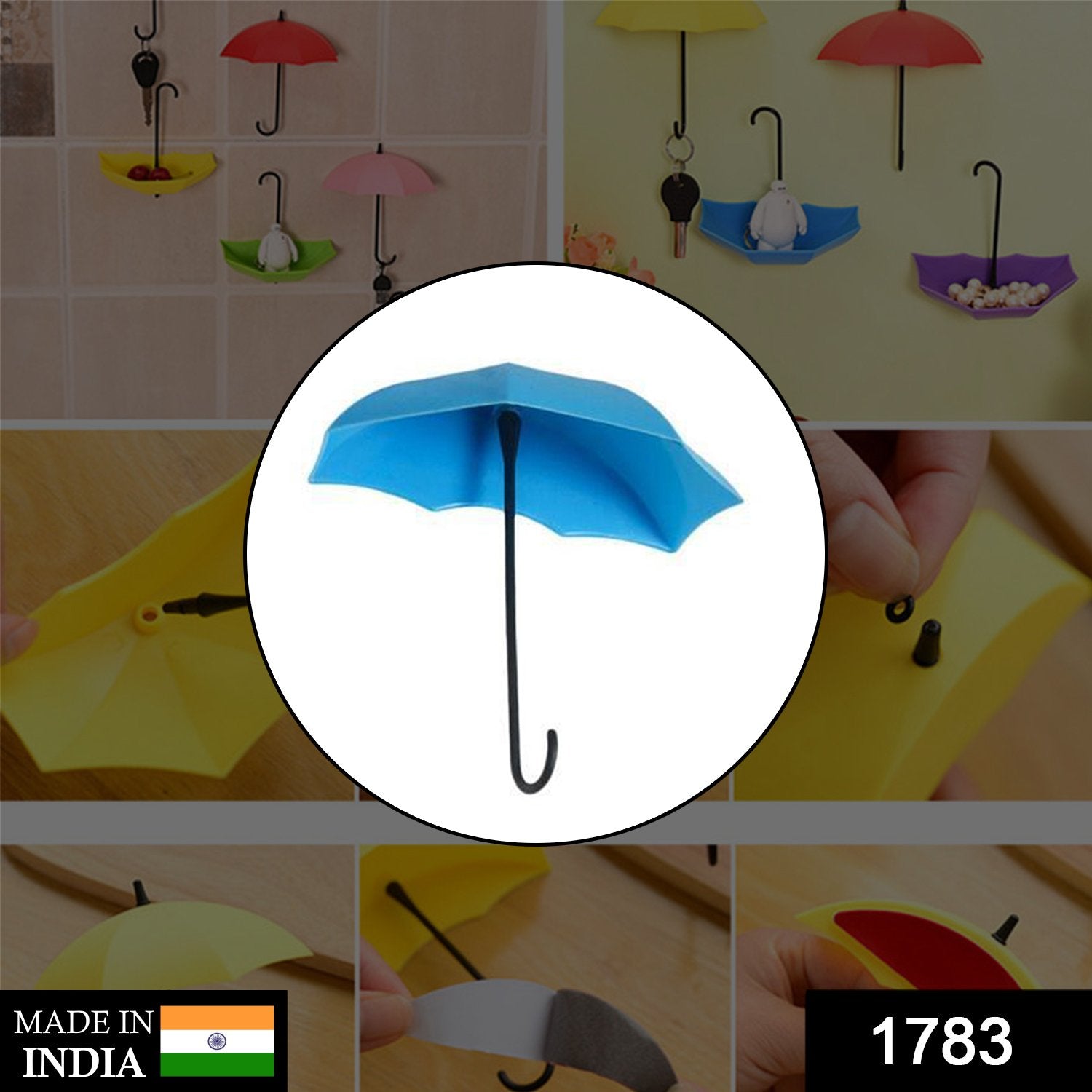 Set of three multi-coloured umbrella key holders arranged decoratively.