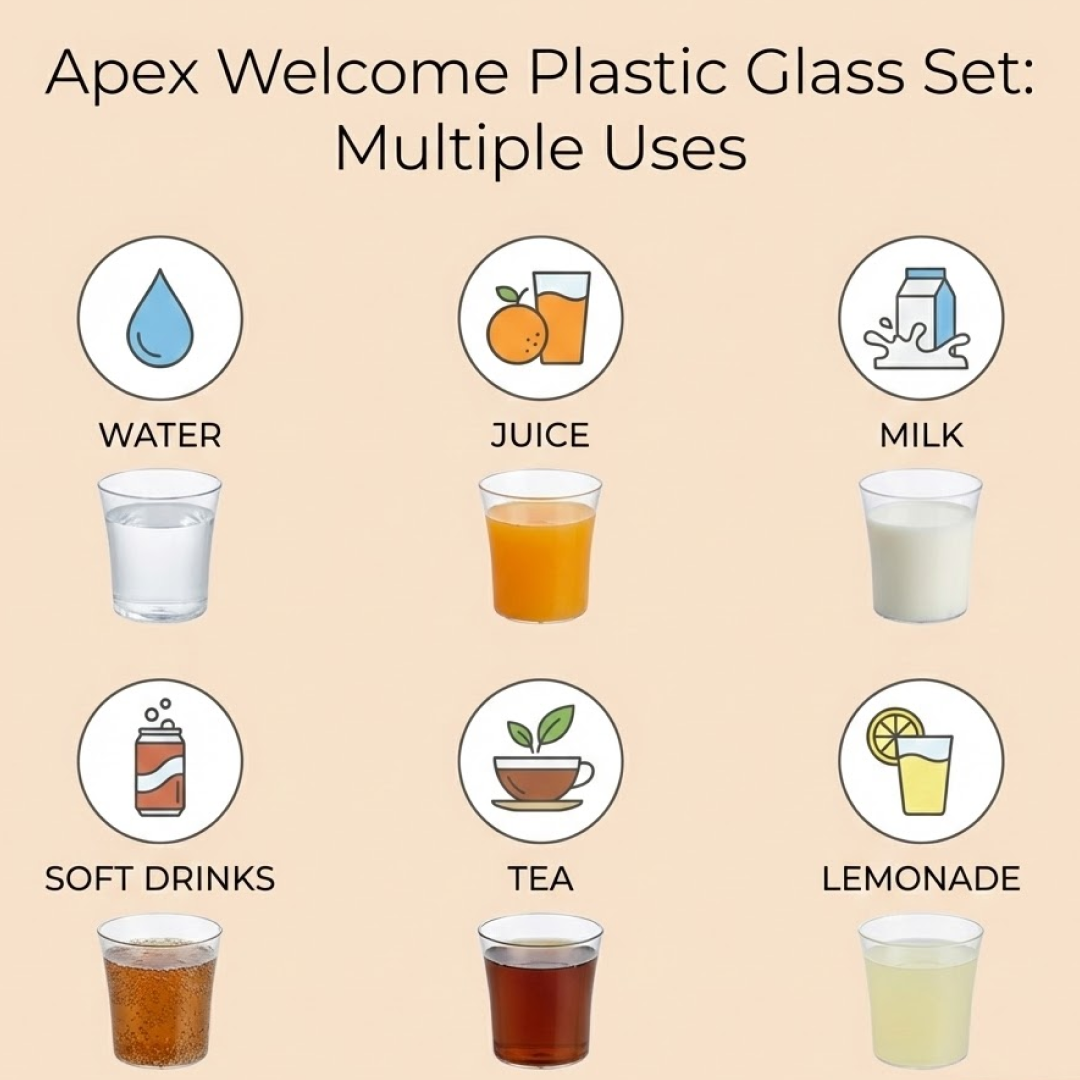Apex Welcome Plastic Glass Set showing scratch-resistant polycarbonate