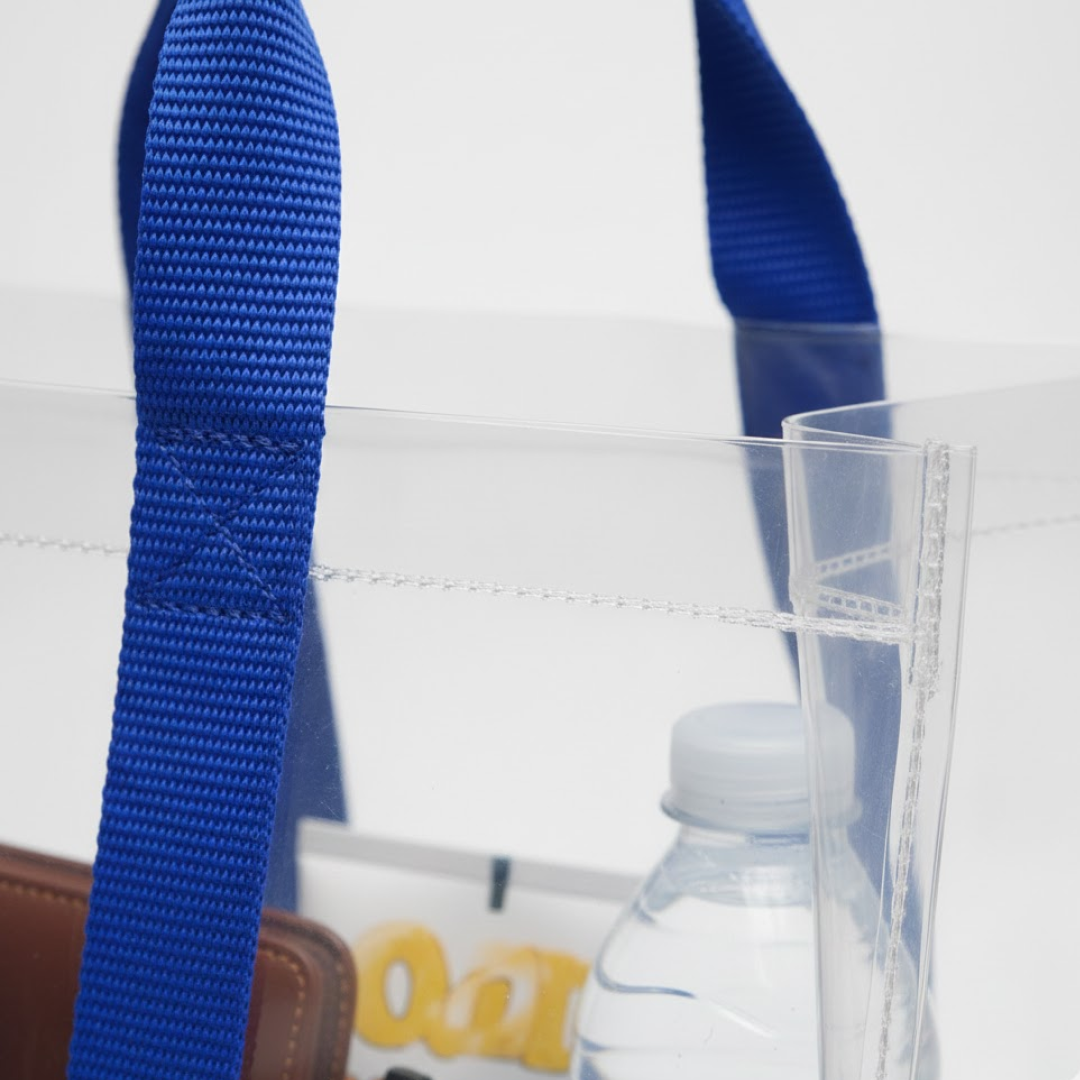 Side view of the transparent gift bag, demonstrating its durable construction.