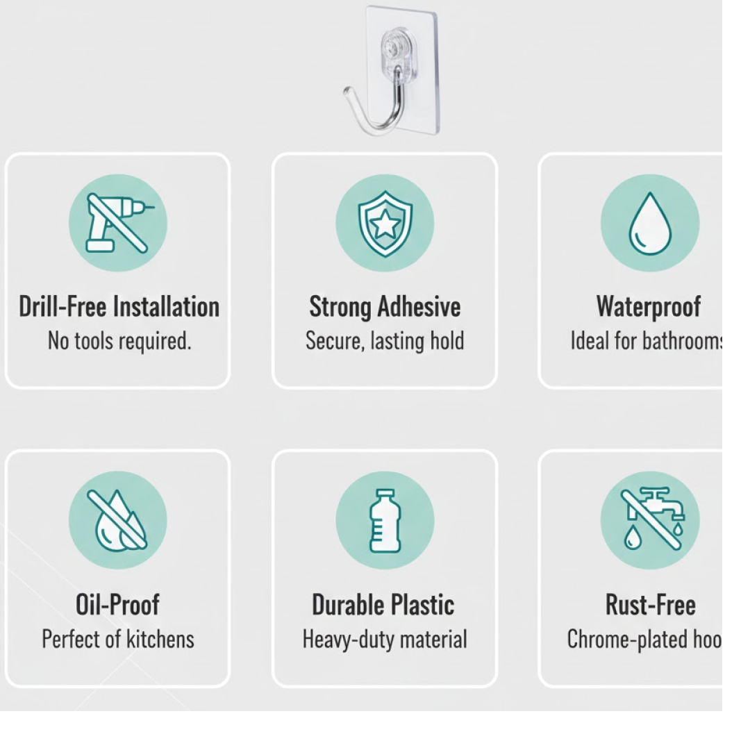 Rotatable plastic self adhesive wall hook seen from side angle