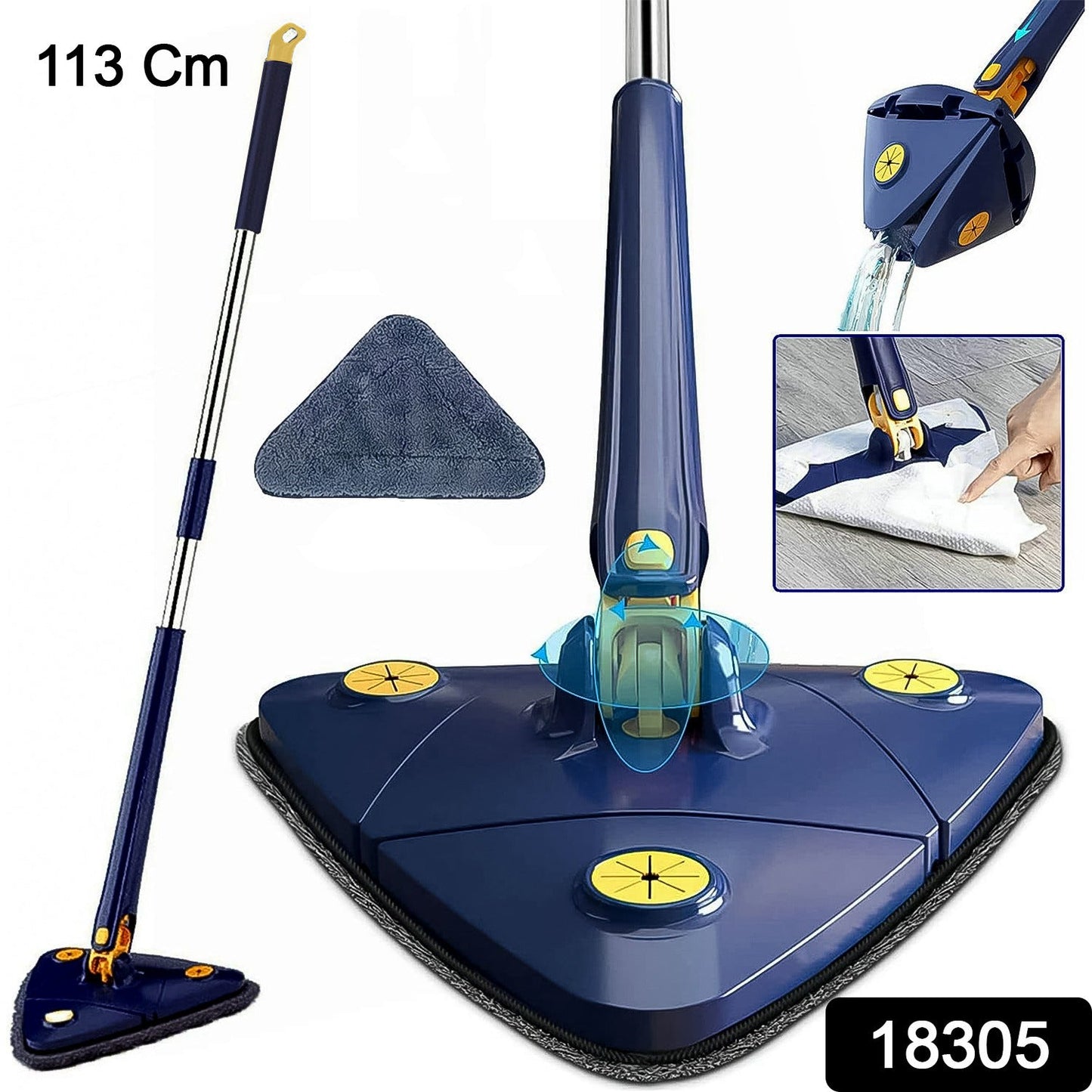Microfiber triangle mop cleaning a floor, showcasing its efficient design.