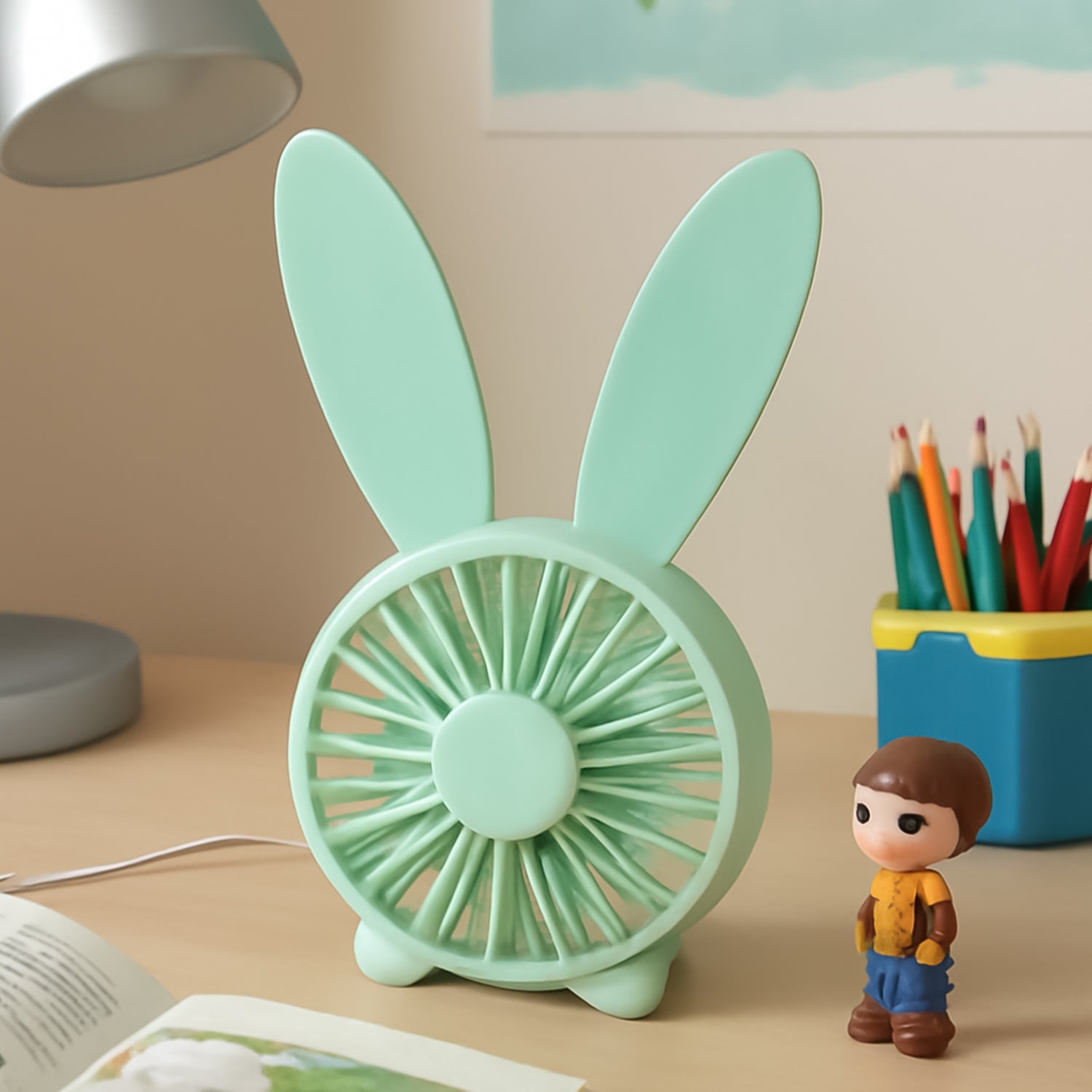 Front view of USB desk fan with cute rabbit design for kids and camping