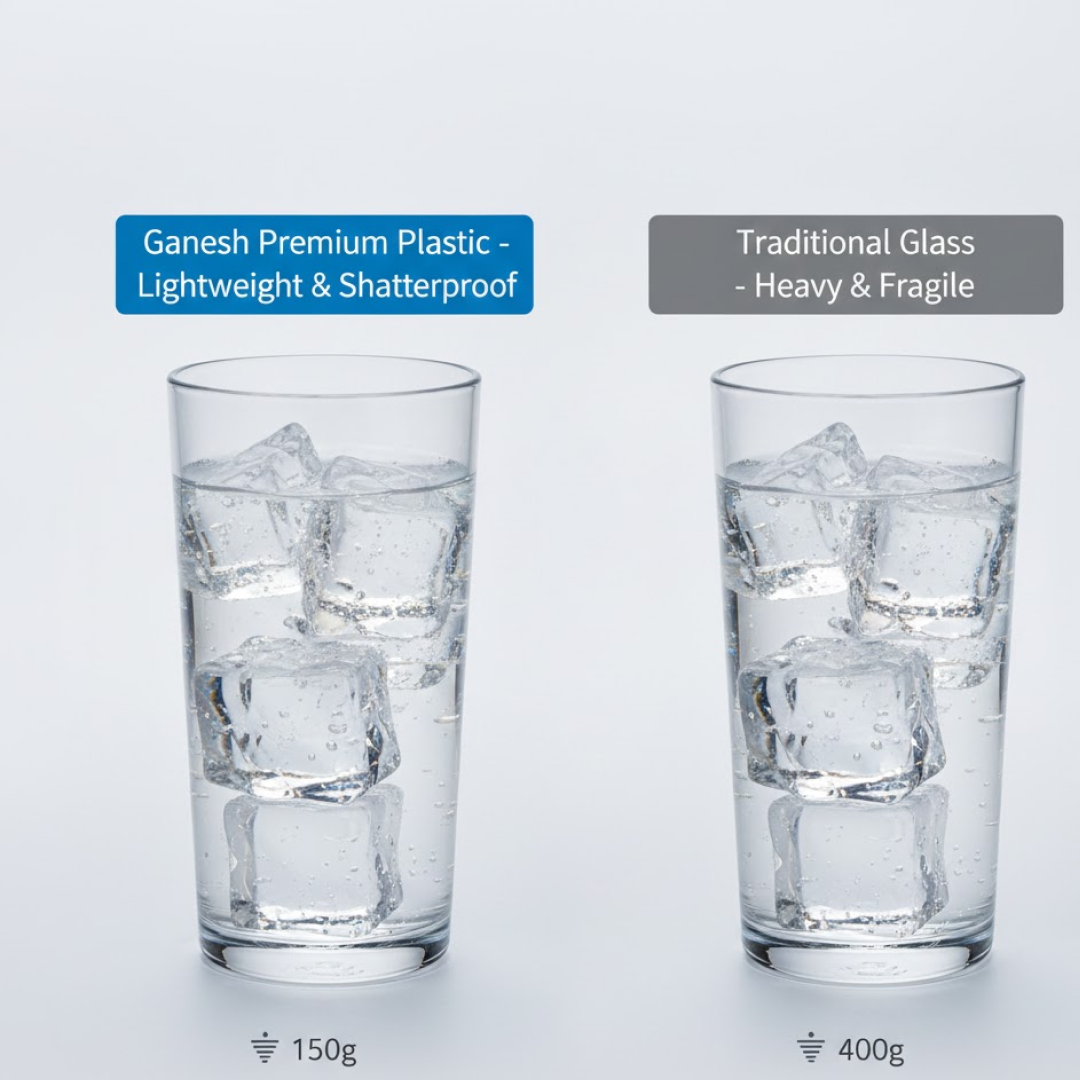 Close-up of a single Ganesh Classic 350ml plastic glass highlighting its clear finish.