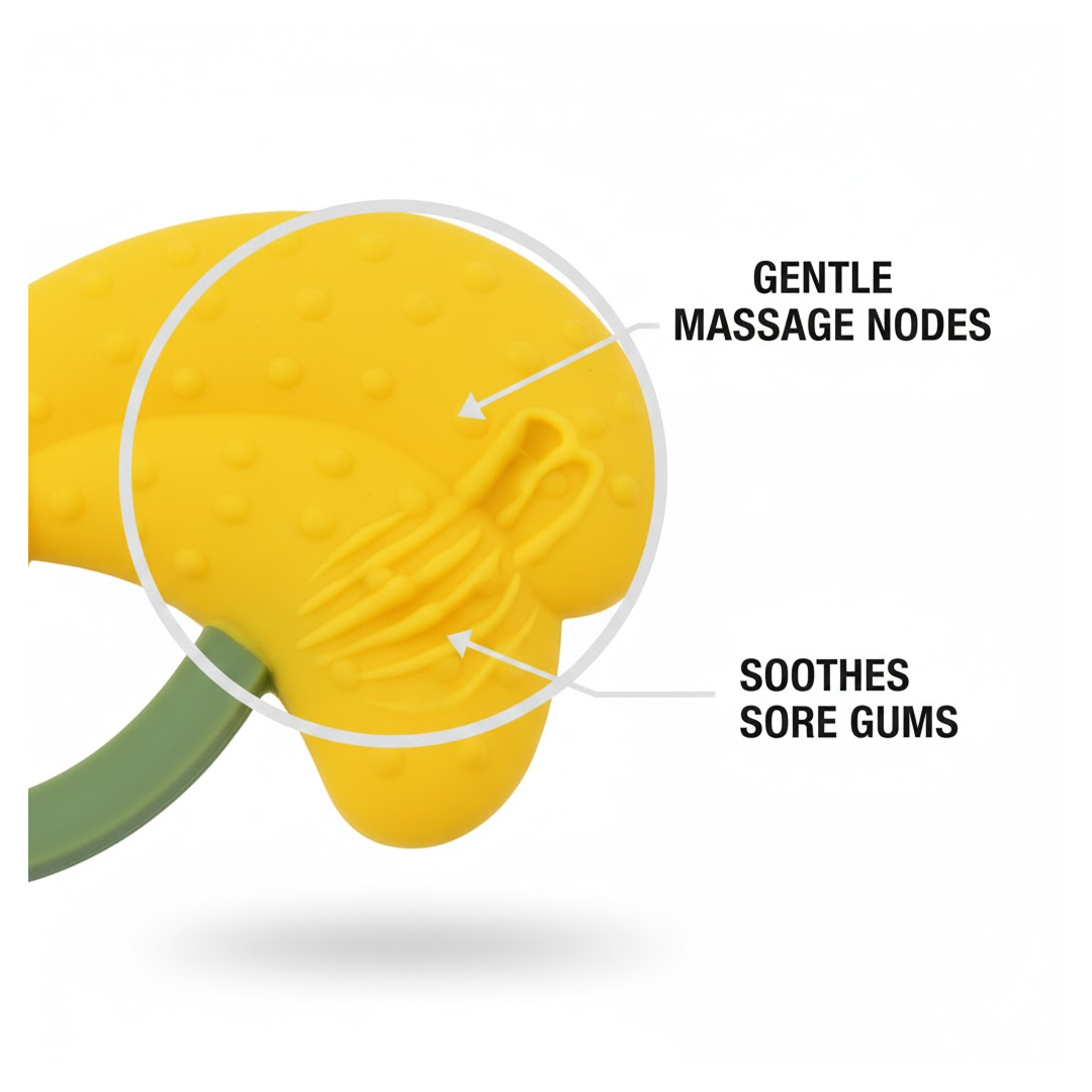 Packaging for the Little Learners Baby Silicone Teether, highlighting its safety features.