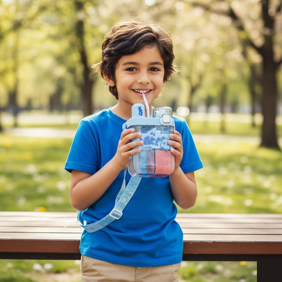 Front view of a colourful leak-proof kids bottle with adjustable strap.
