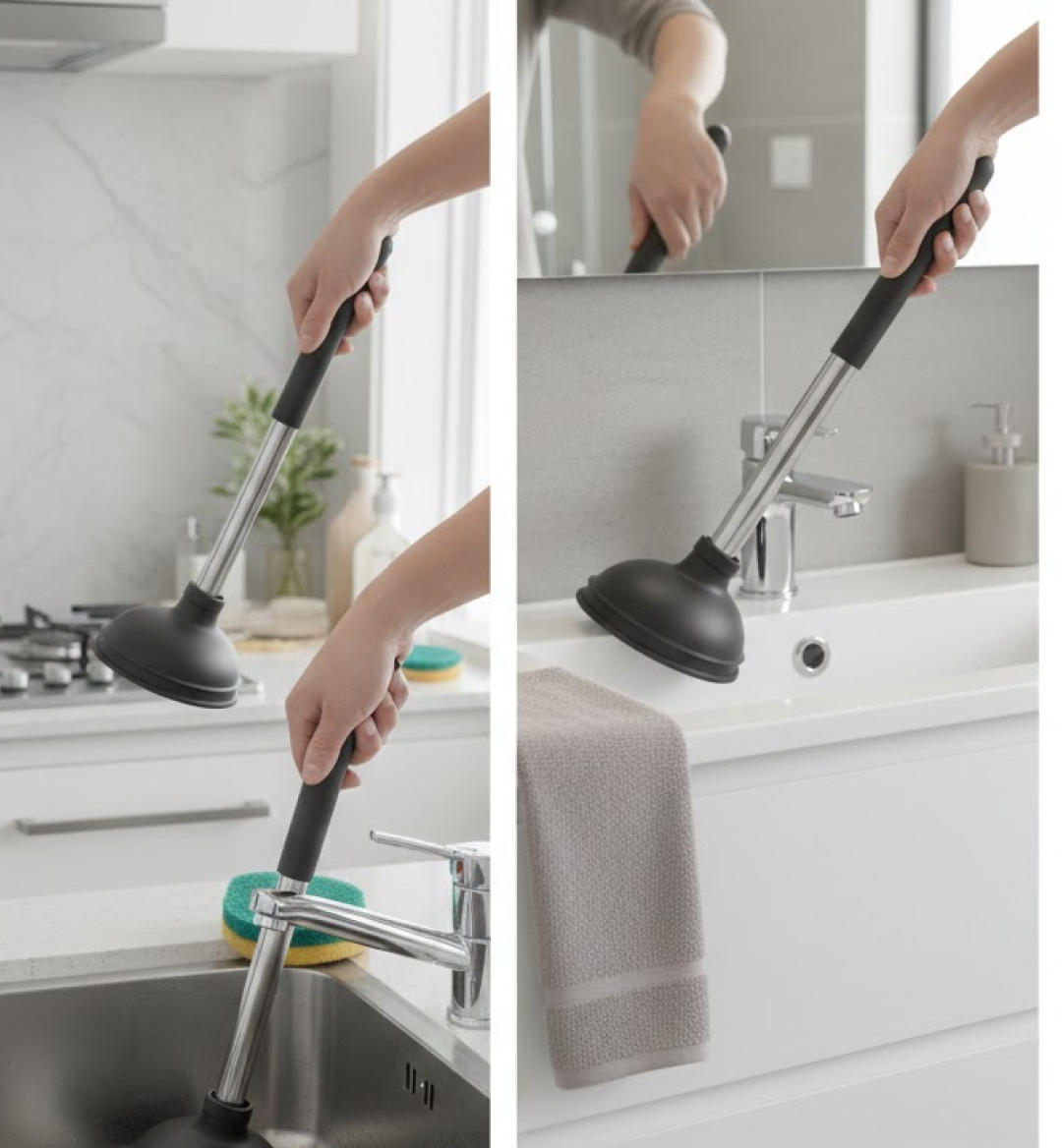 Illustration showing the powerful suction of the drain unblocker pump clearing a pipe.
