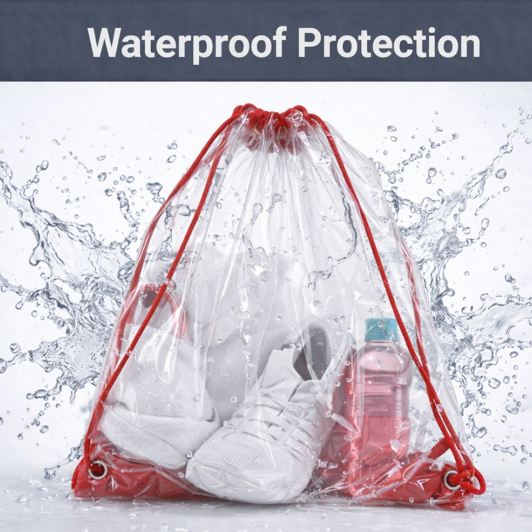 The clear stadium bag demonstrating its waterproof capability with water droplets on the surface.