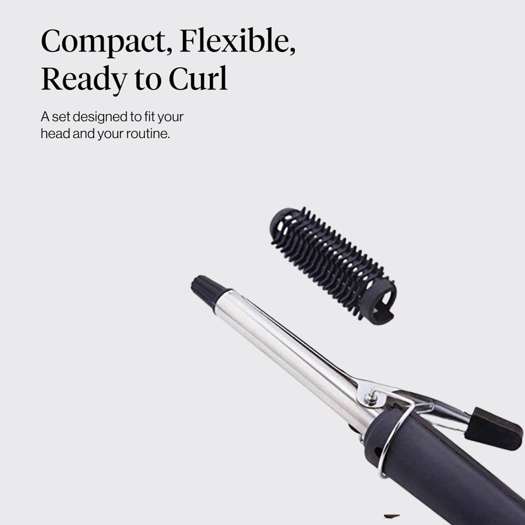 Hair curling iron resting on its safety stand on a surface.