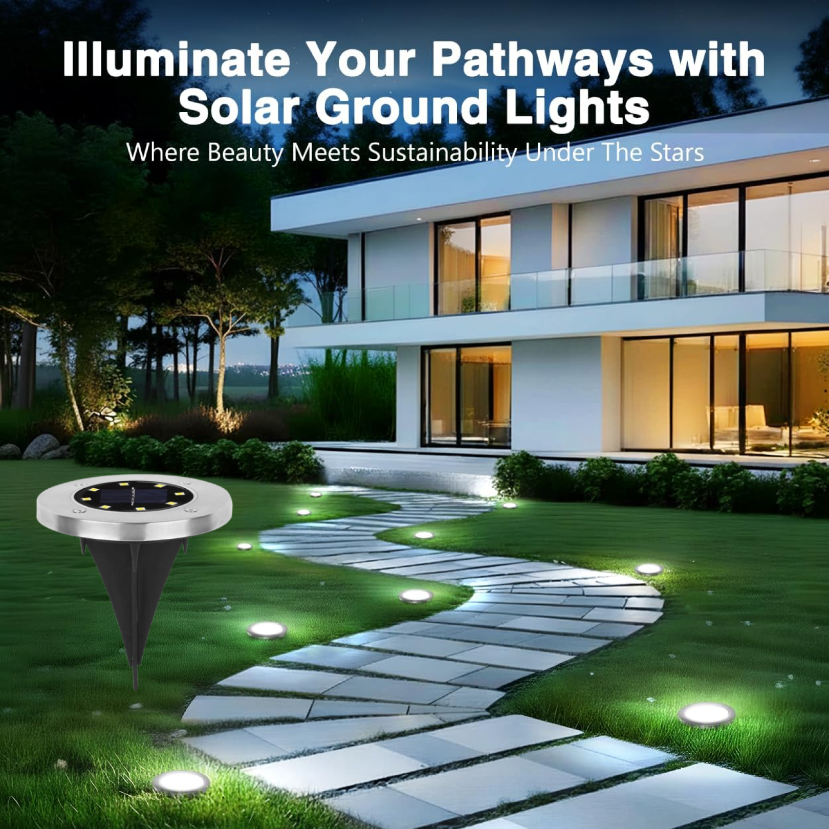 Outdoor solar powered LED lights installed along garden pathways and lawn areas