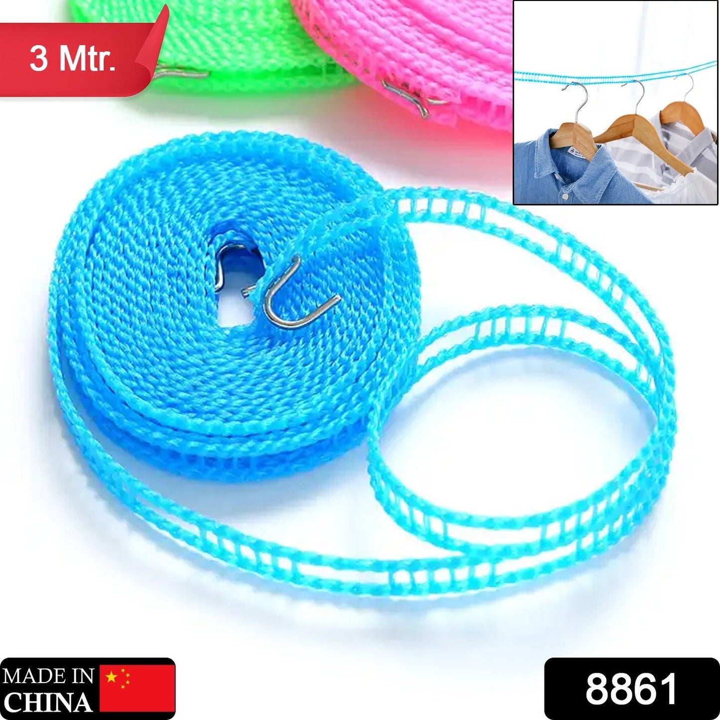 Organivo 3m anti-slip clothesline rope with stainless steel hooks.