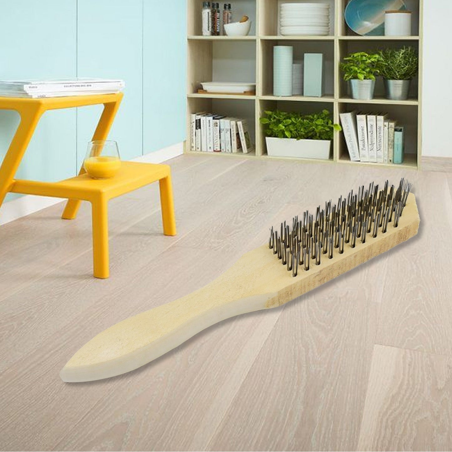 The complete wooden handle steel wire brush ready for various cleaning tasks.