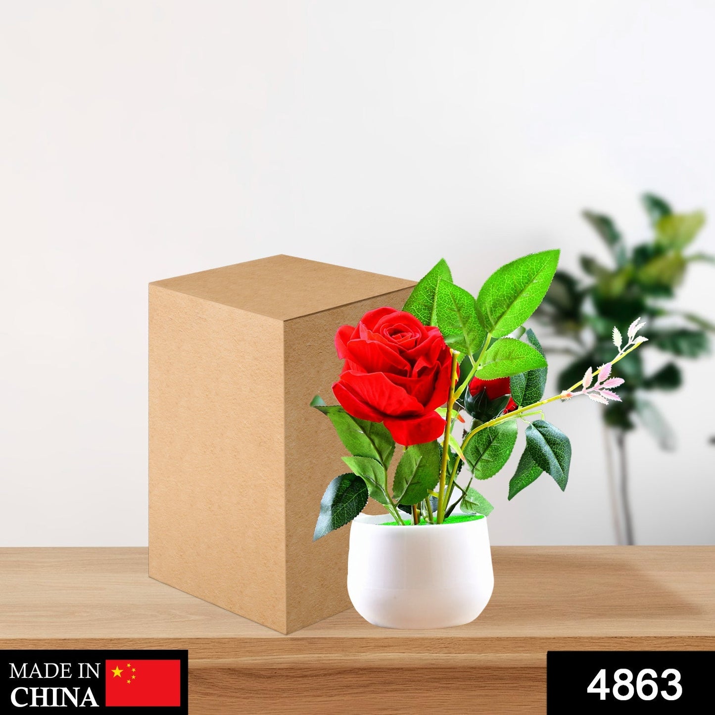 Full view of the VoltDesk artificial rose plant with its elegant pot.