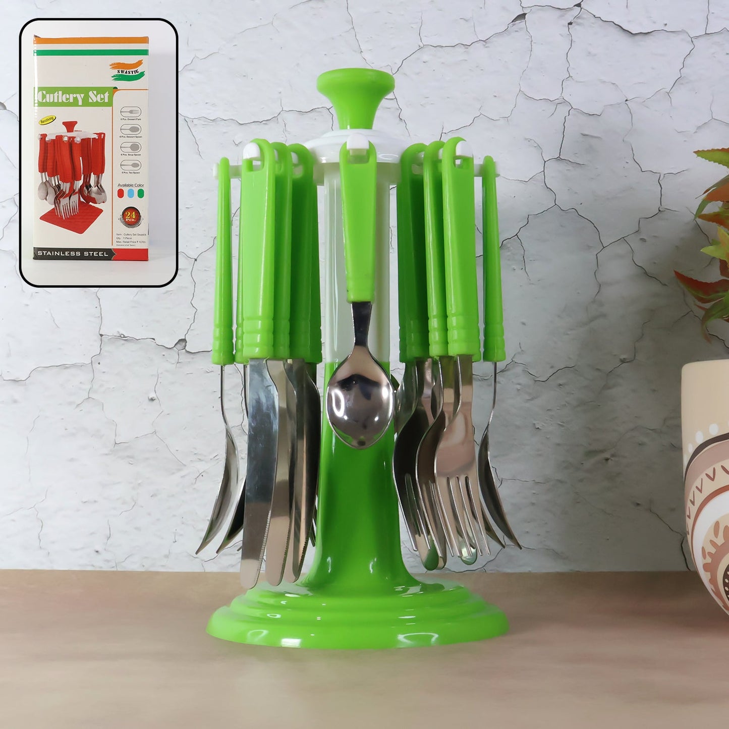 24-piece stainless steel cutlery set displayed with rotating stand