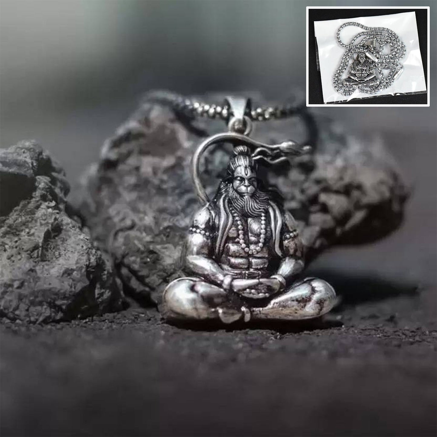 Detailed Hanuman Pendant showcasing Lord Hanuman's powerful form, crafted from metal alloy.