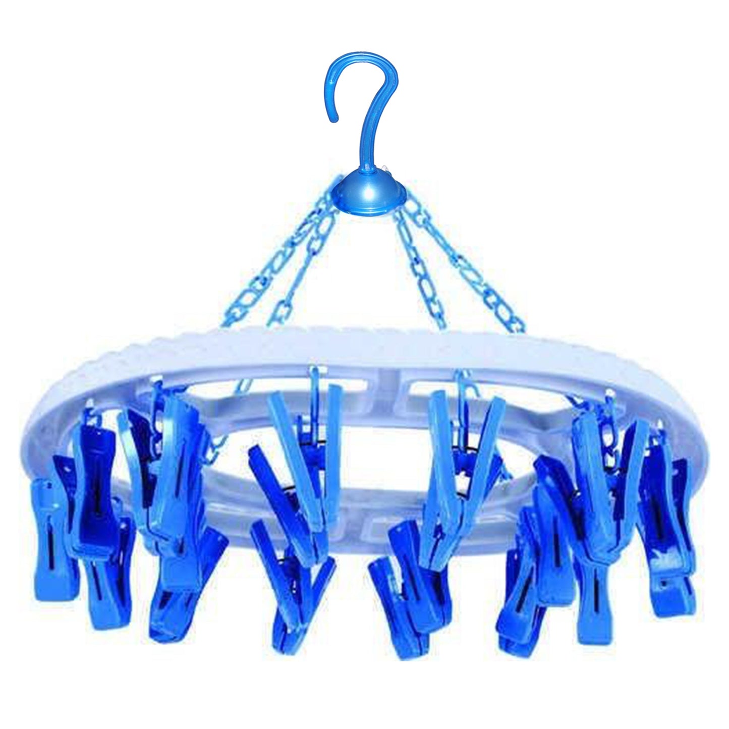 Front view of the round plastic cloth drying stand with clothes clips.