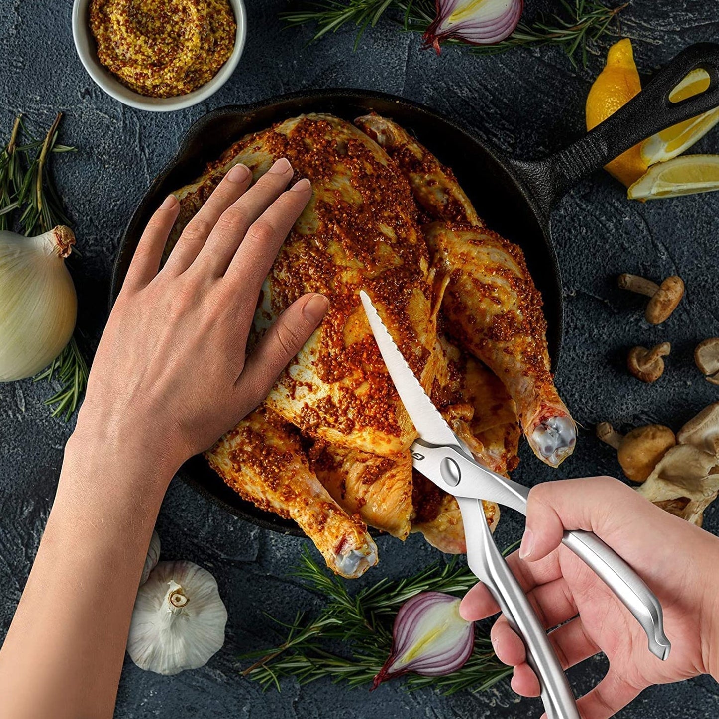Heavy-duty poultry shears for cutting chicken and bones.