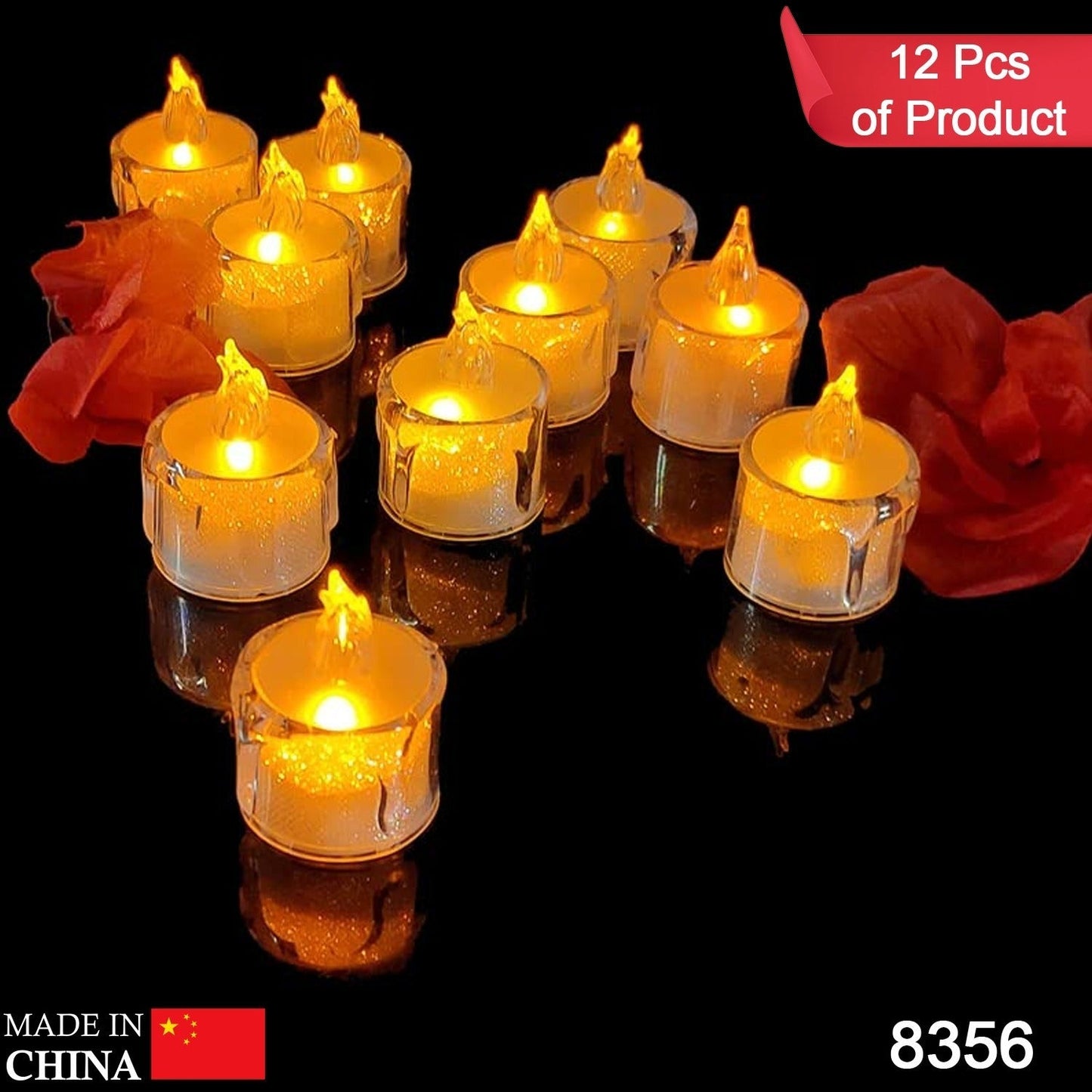 Overhead view of a single transparent acrylic flameless LED tea light candle flickering gently.