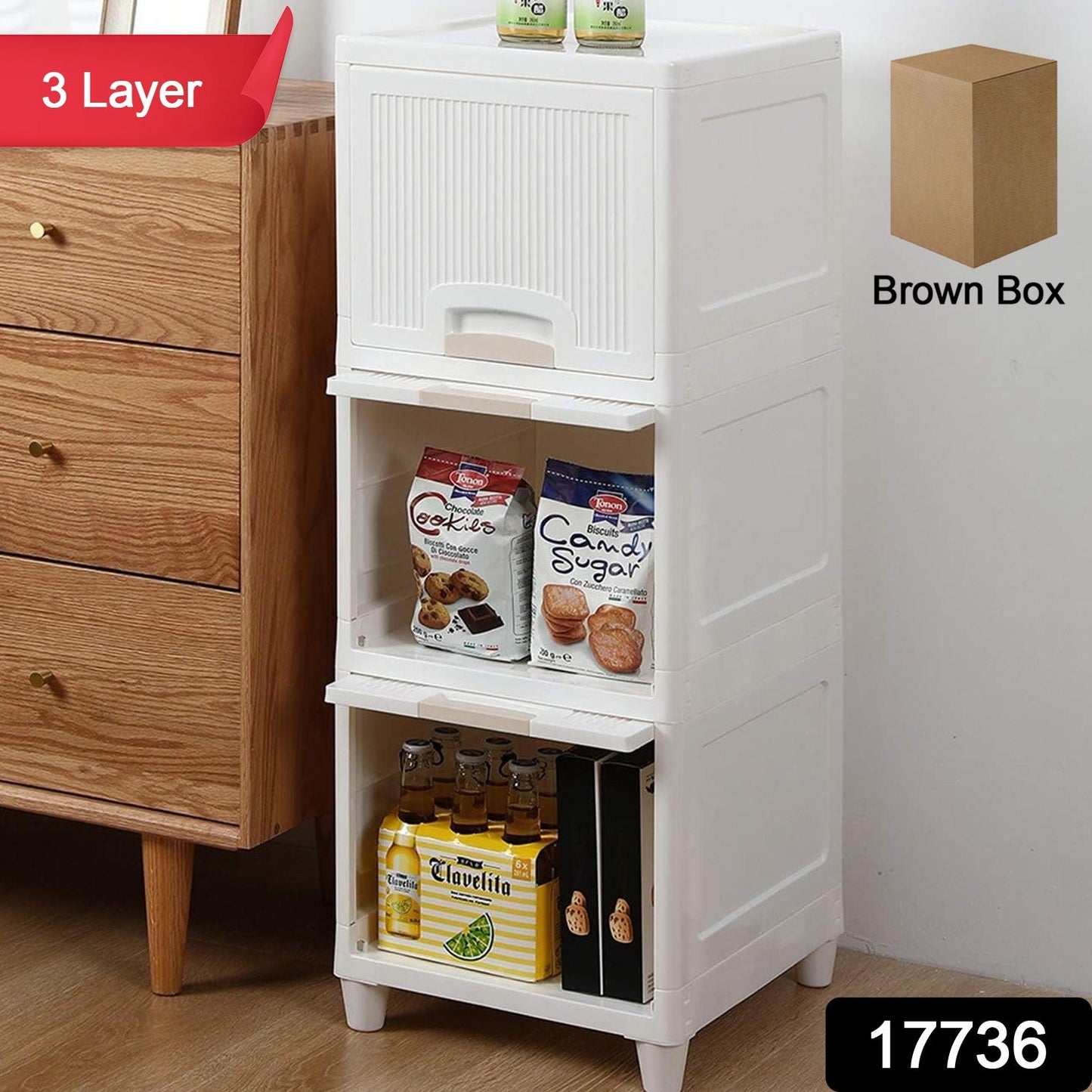 Side view showcasing the foldable design of the plastic storage cabinet drawers.