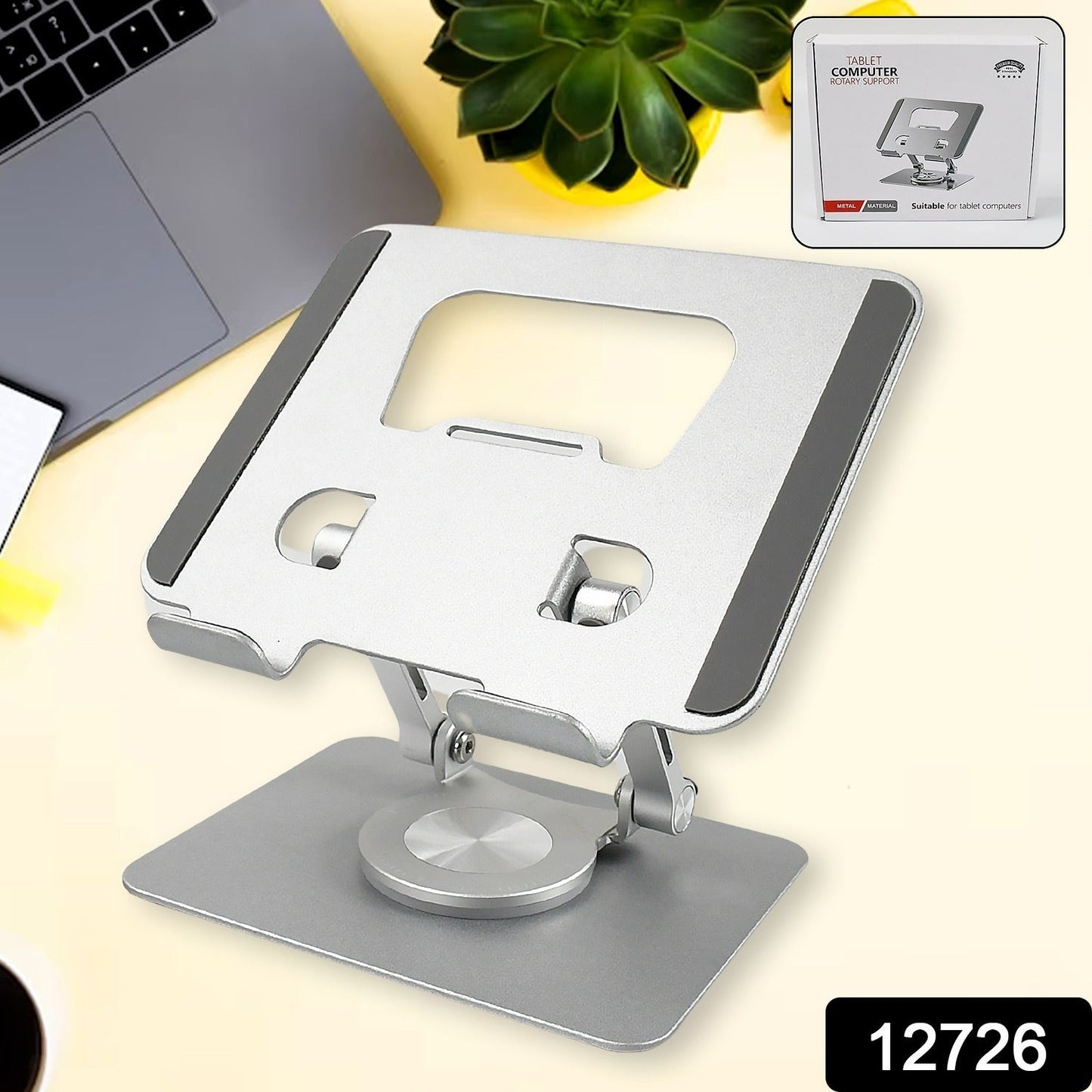 Foldable aluminum laptop stand from Phonixio, compact and ready for travel.