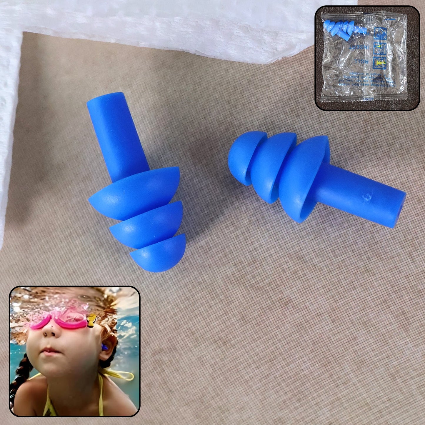 Set of brightly colored reusable silicone swimming ear plugs