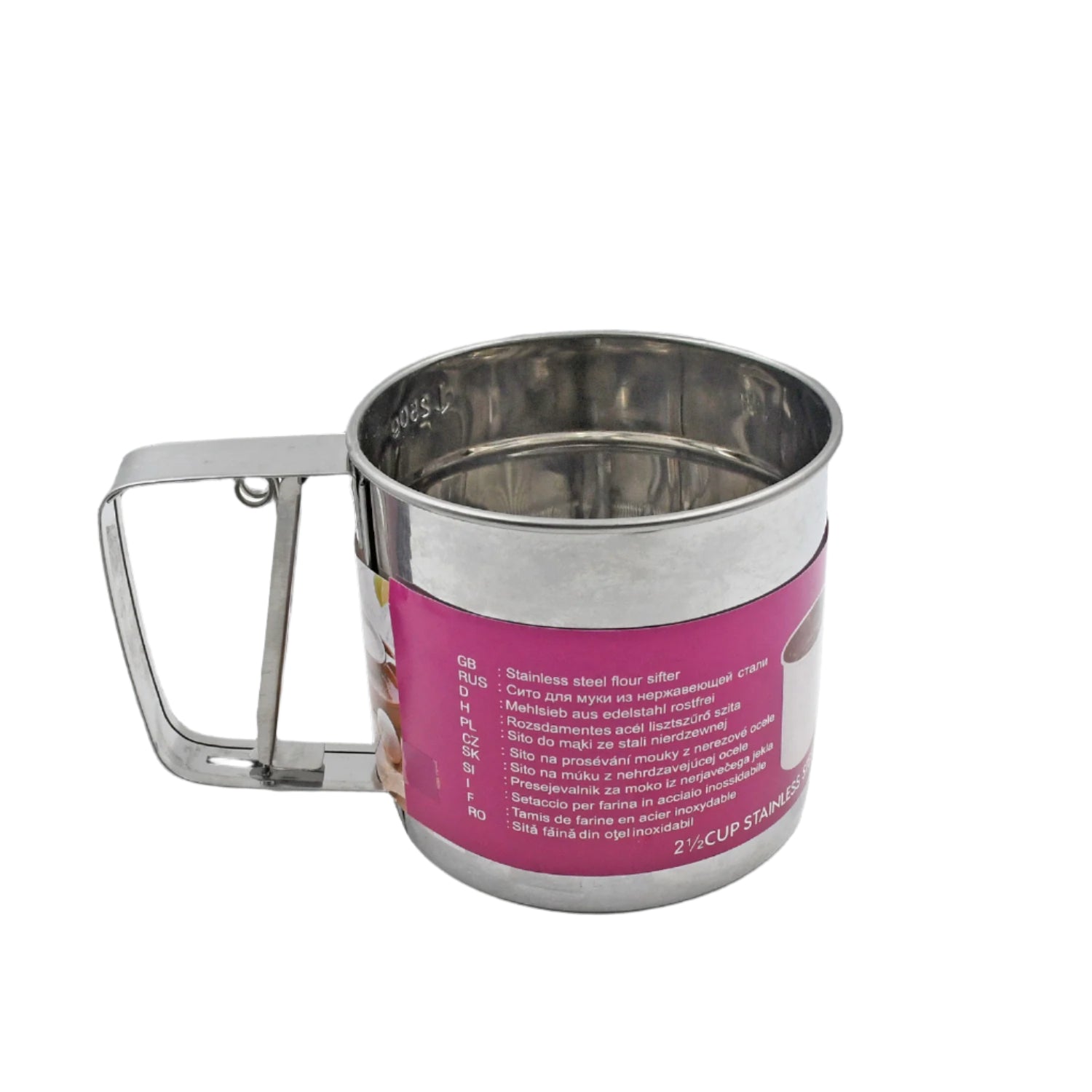 Stainless steel flour sifter with a comfortable handle, perfect for baking.