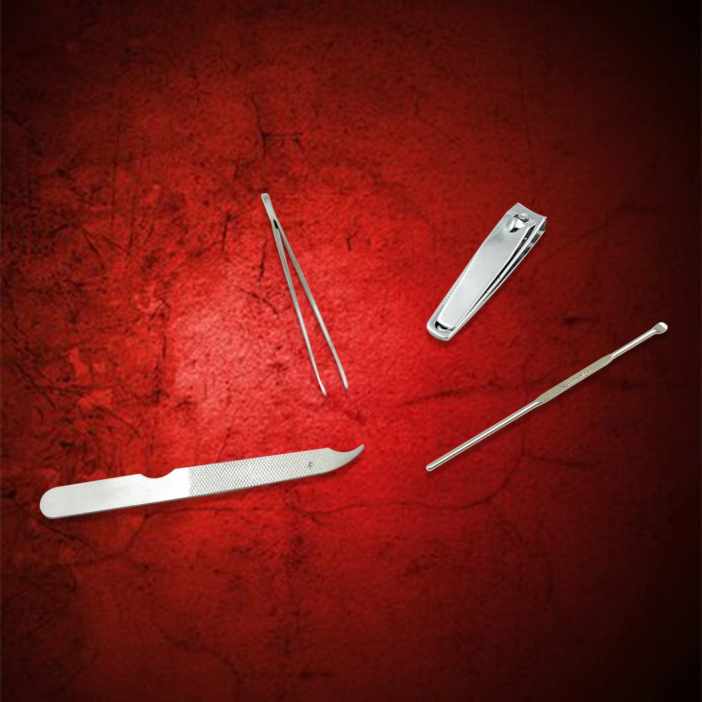 Elegant 4-in-1 personal grooming kit with stainless steel tools in a closed travel case.