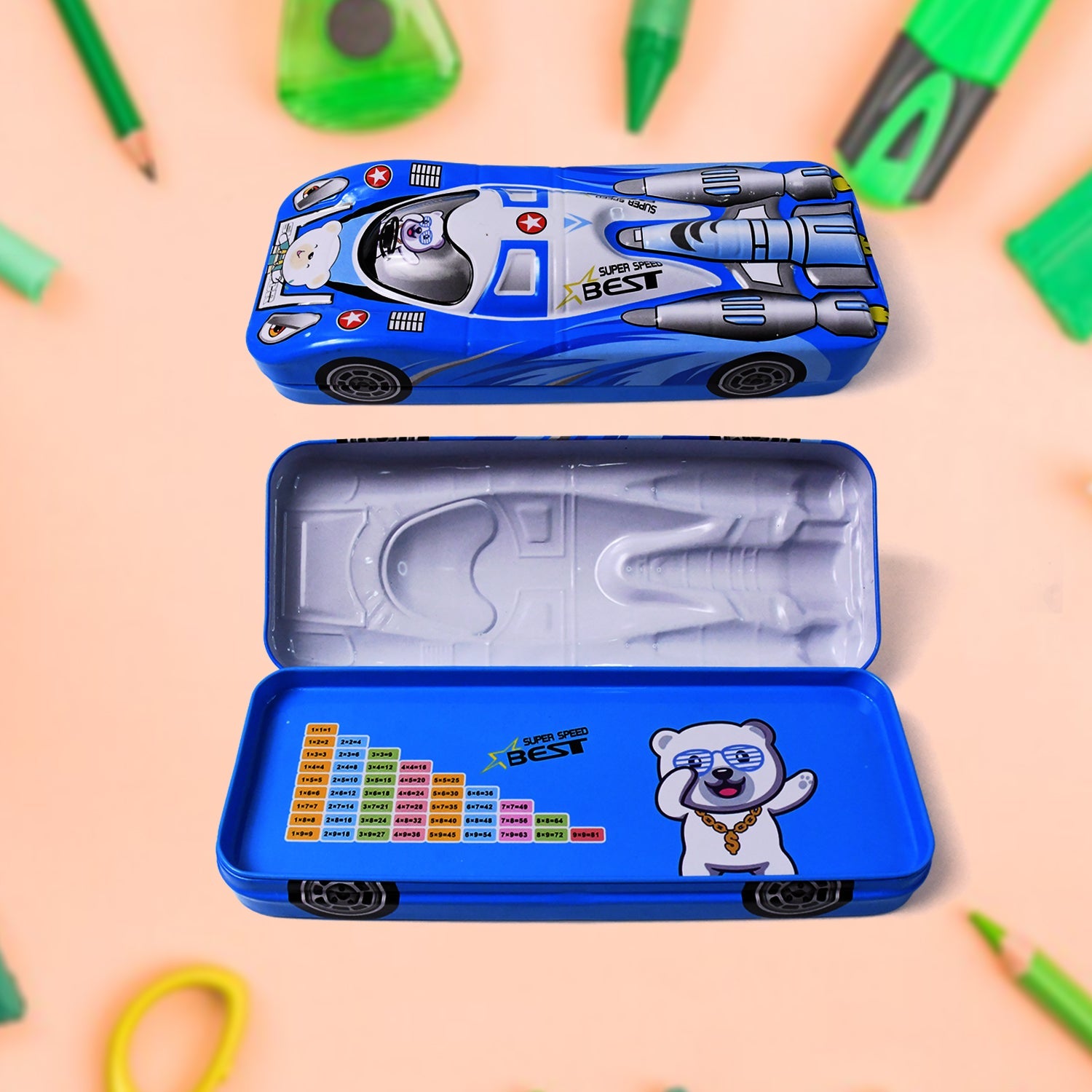 Bright red car shape compass box for kids, open to show stationery compartments.