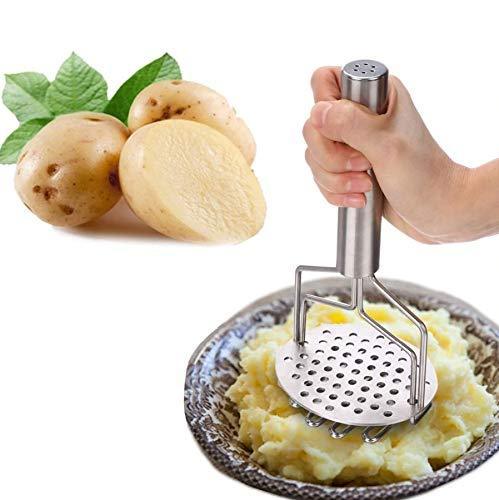 Close-up of the robust stainless steel masher, great for various boiled vegetables and dal.
