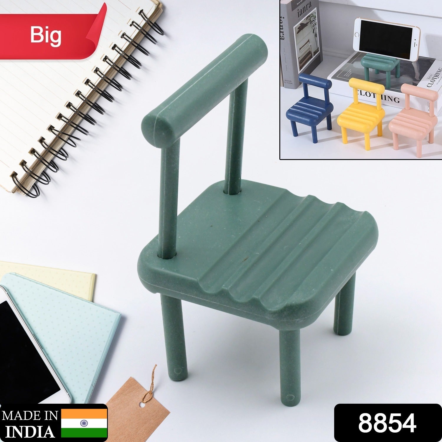 Portable wooden mobile stand in a mini chair design, showing adjustable grooves.