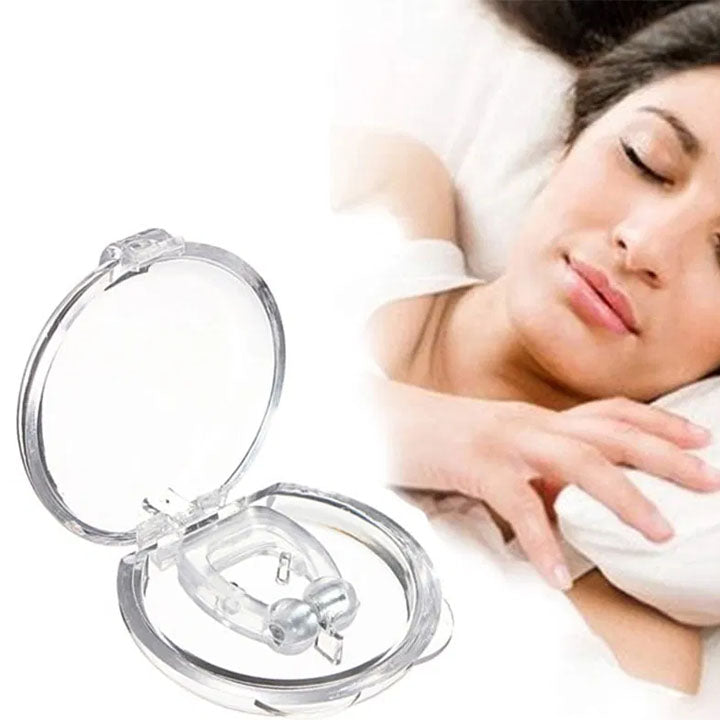 Compact anti-snoring nose clip with its protective case, promoting better sleep.