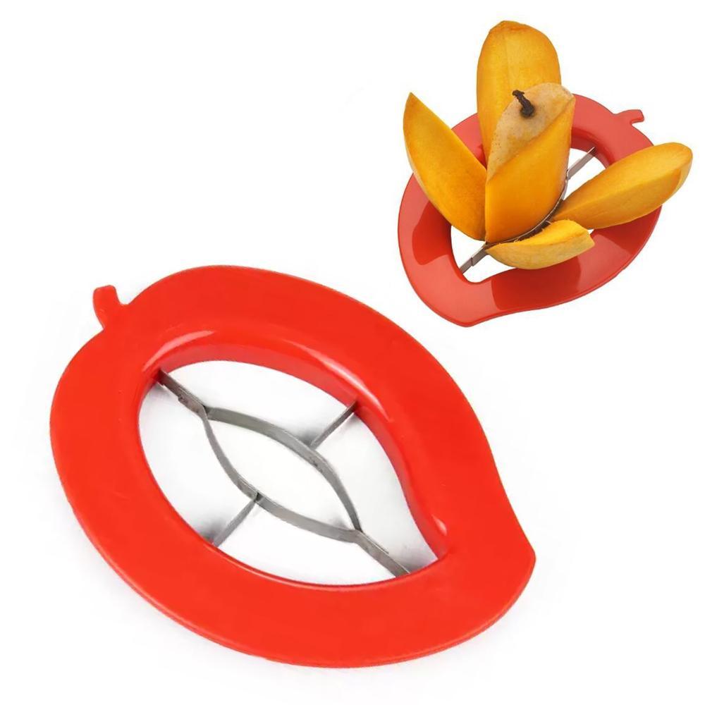 The mango cutter shown with perfectly sliced mango halves and the removed pit.