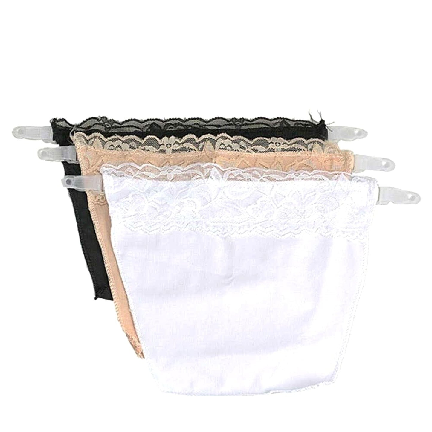 Glimmerly cotton clip-on camisoles in white, black, and beige displayed on a flat surface