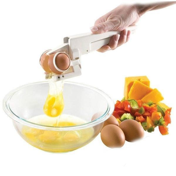 Action shot of the easy egg tool in use, delivering perfectly cracked eggs without any fuss.