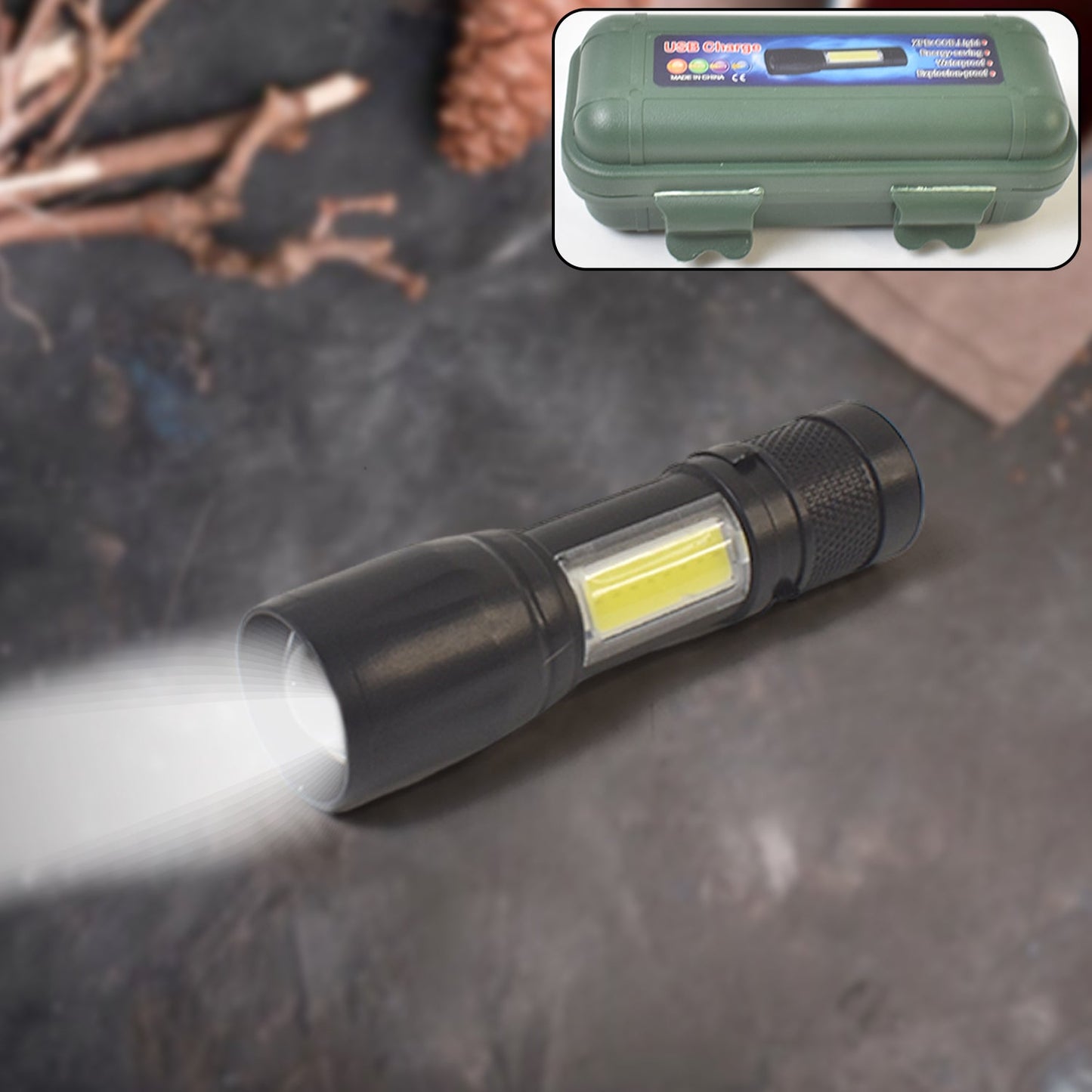 Rechargeable mini flashlight with front LED and side COB lantern.
