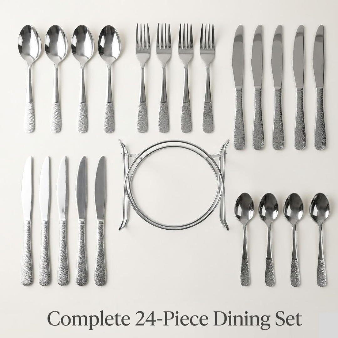 Front view of stainless steel cutlery set displaying spoons, forks, and knives